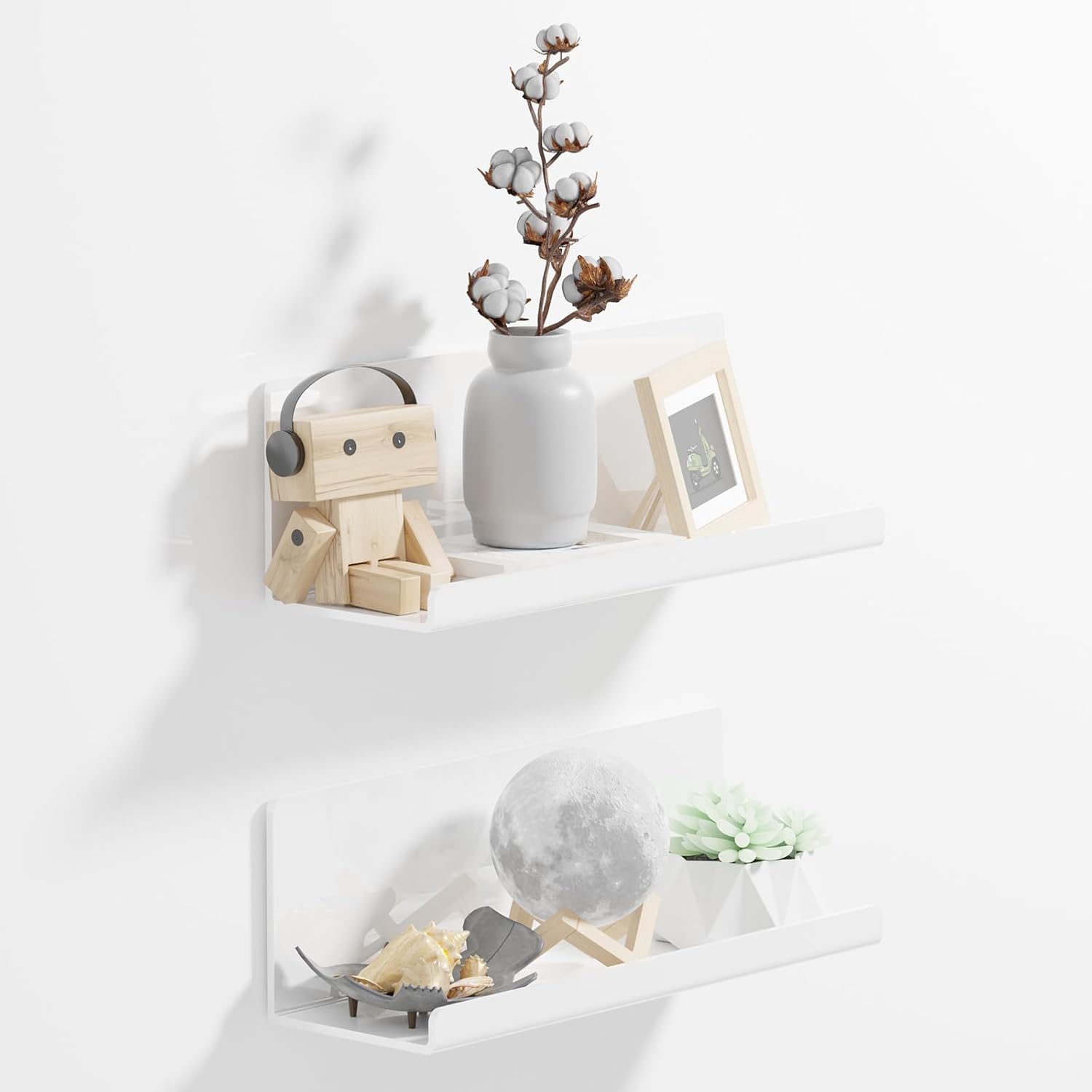 Acrylic Wall Floating Shelves Set of 2, White 12 Inch Adhesive Organizer for Bathroom, Kitchen, Bedroom, Office, Gaming Room, No Wall Damage, No Drill