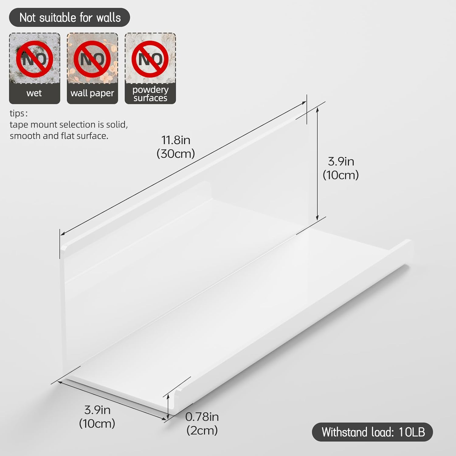 Acrylic Wall Floating Shelves Set of 2, White 12 Inch Adhesive Organizer for Bathroom, Kitchen, Bedroom, Office, Gaming Room, No Wall Damage, No Drill