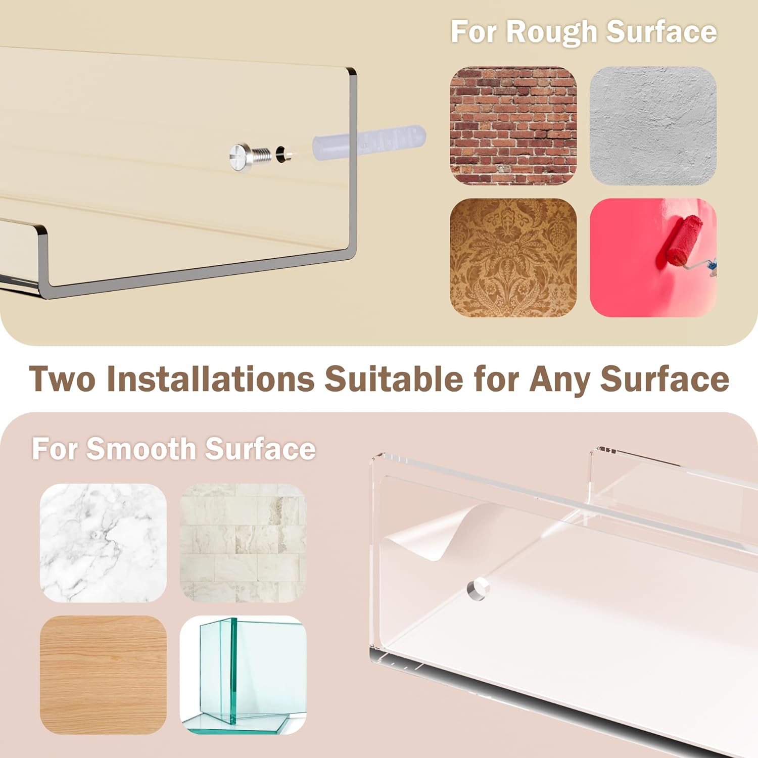 Set of 4, Acrylic Adhesive Shelf for Wall, 15" Clear Bathroom Stroage Shelves, Acrylic Floating Wall Mounted Organizer, Book Shelves for Kids Baby (No Drill)
