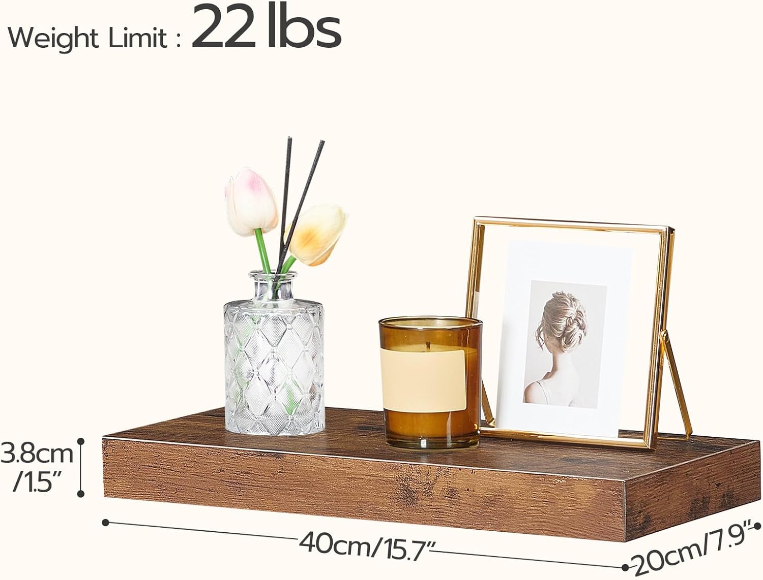 HOOBRO Floating Shelves, Wall Shelf Set of 2, 15.7 Inch Hanging Shelf with Invisible Brackets, for Wall in Bathroom, Bedroom, Toilet, Kitchen, Living Room, Office, Rustic Brown BF40BJ01