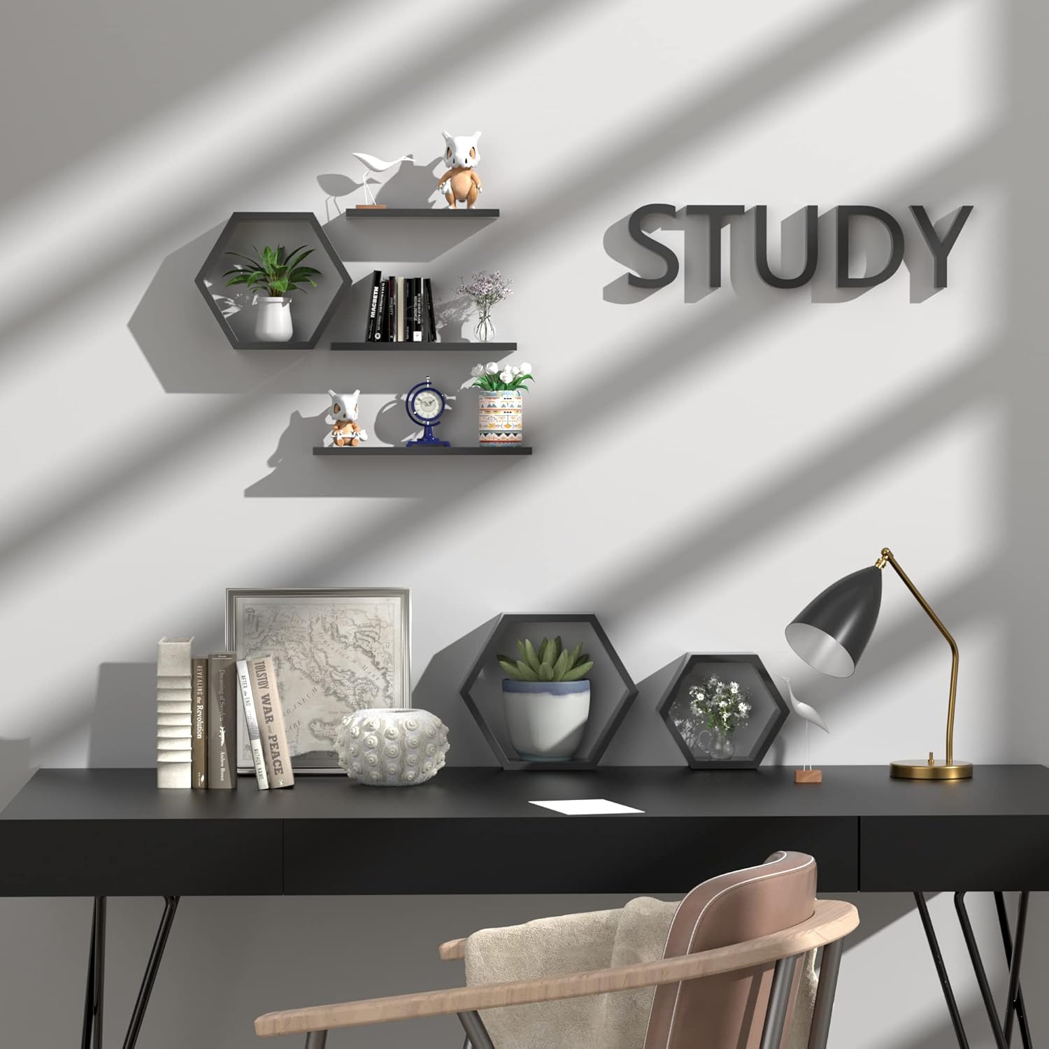 Hexagon Floating Honeycomb Shelves - Set of 6, Geometric Wall Shelves, Black