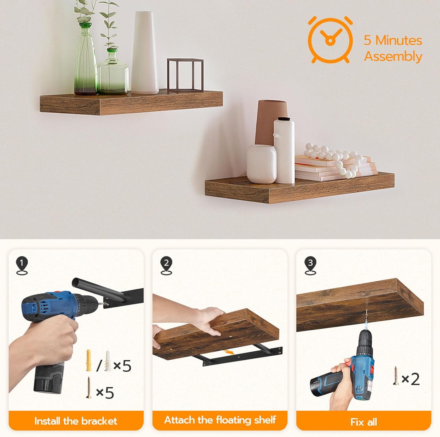 HOOBRO Floating Shelves, Wall Shelf Set of 2, 15.7 Inch Hanging Shelf with Invisible Brackets, for Wall in Bathroom, Bedroom, Toilet, Kitchen, Living Room, Office, Rustic Brown BF40BJ01