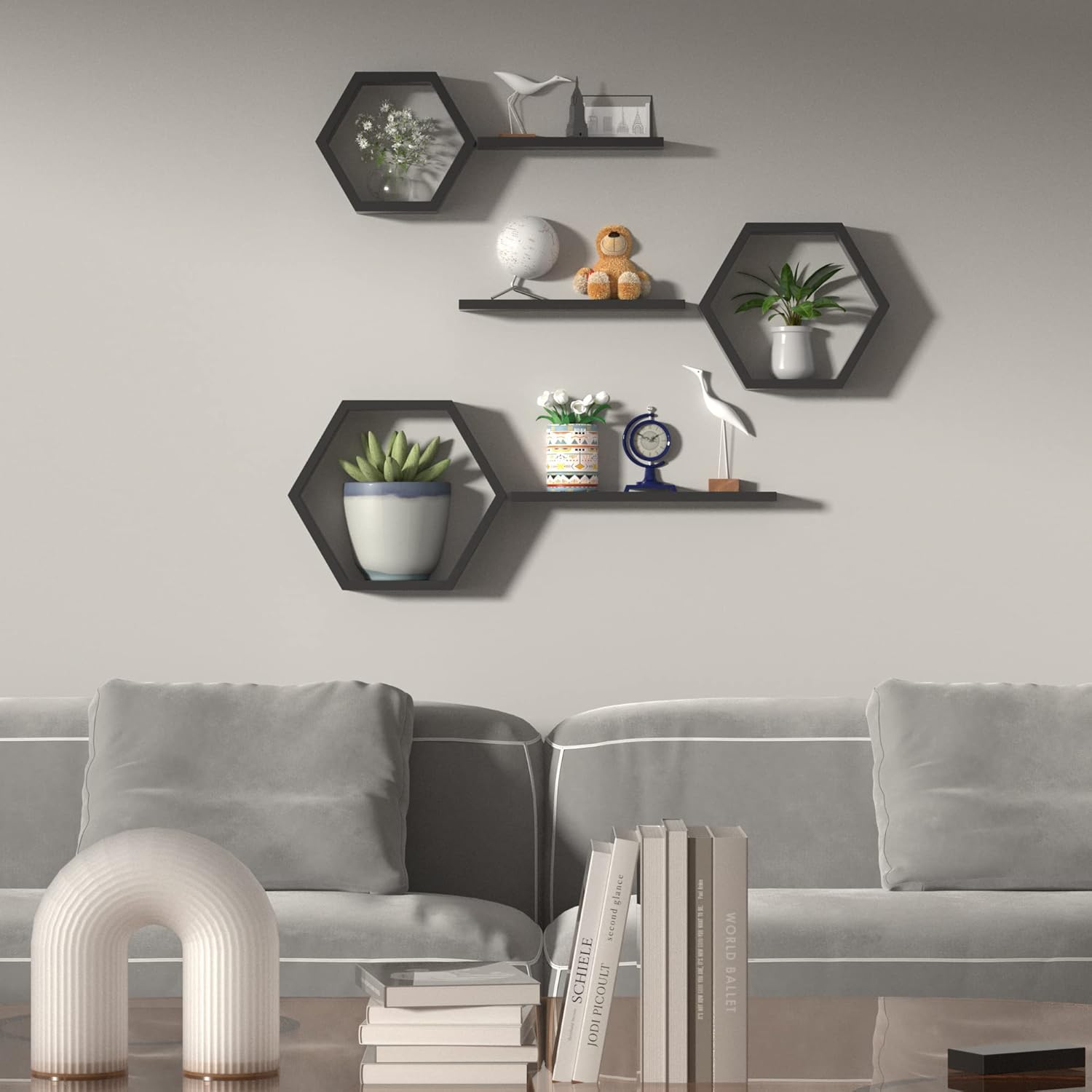 Hexagon Floating Honeycomb Shelves - Set of 6, Geometric Wall Shelves, Black