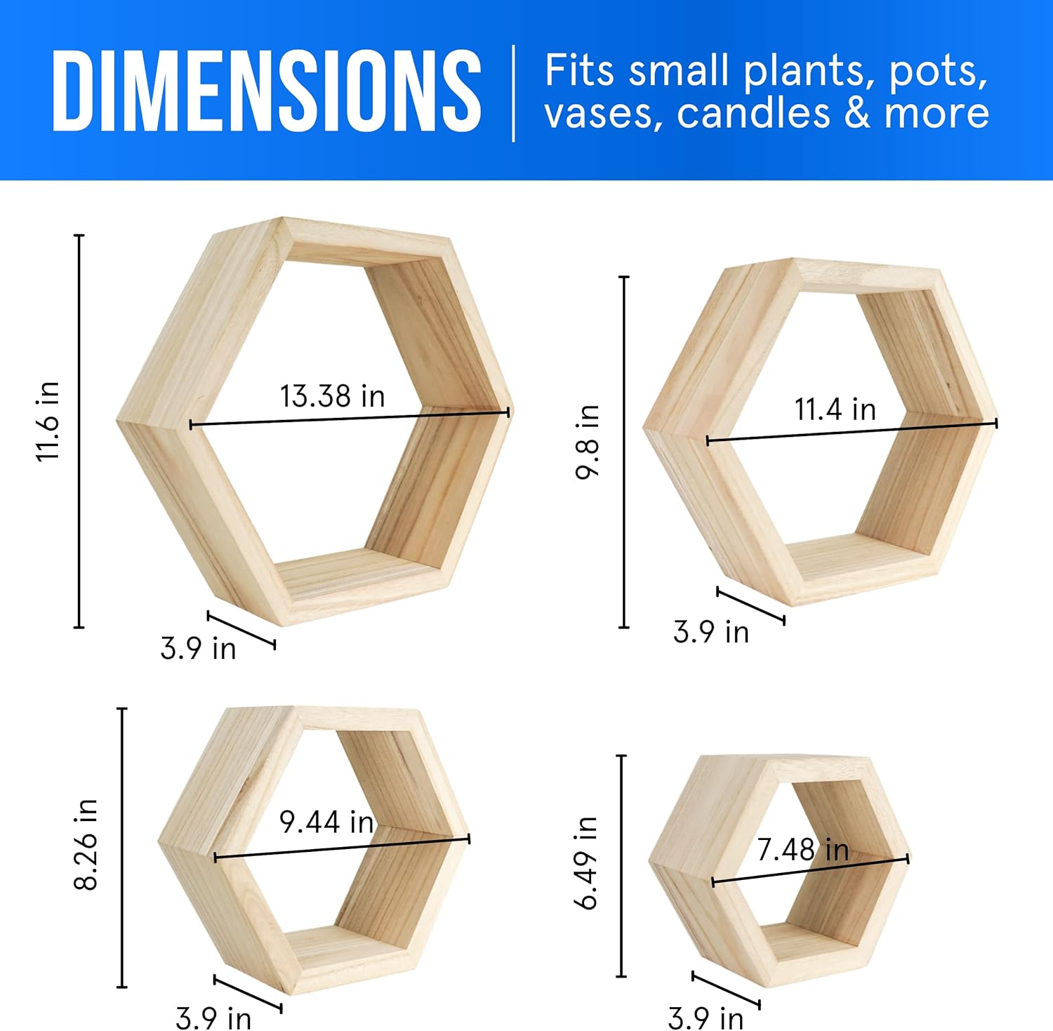 Hexagon Shelves Natural Premium Wood Floating Shelves Set of 4 Wall Shelf for Bedroom, Office, Living Room & Bathroom – Farmhouse Wall Décor - Decorative Wooden Honeycomb Shelves with Alignment Tool