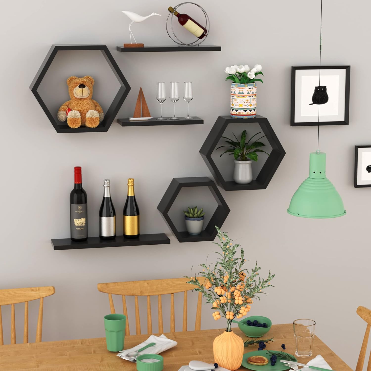Hexagon Floating Honeycomb Shelves - Set of 6, Geometric Wall Shelves, Black