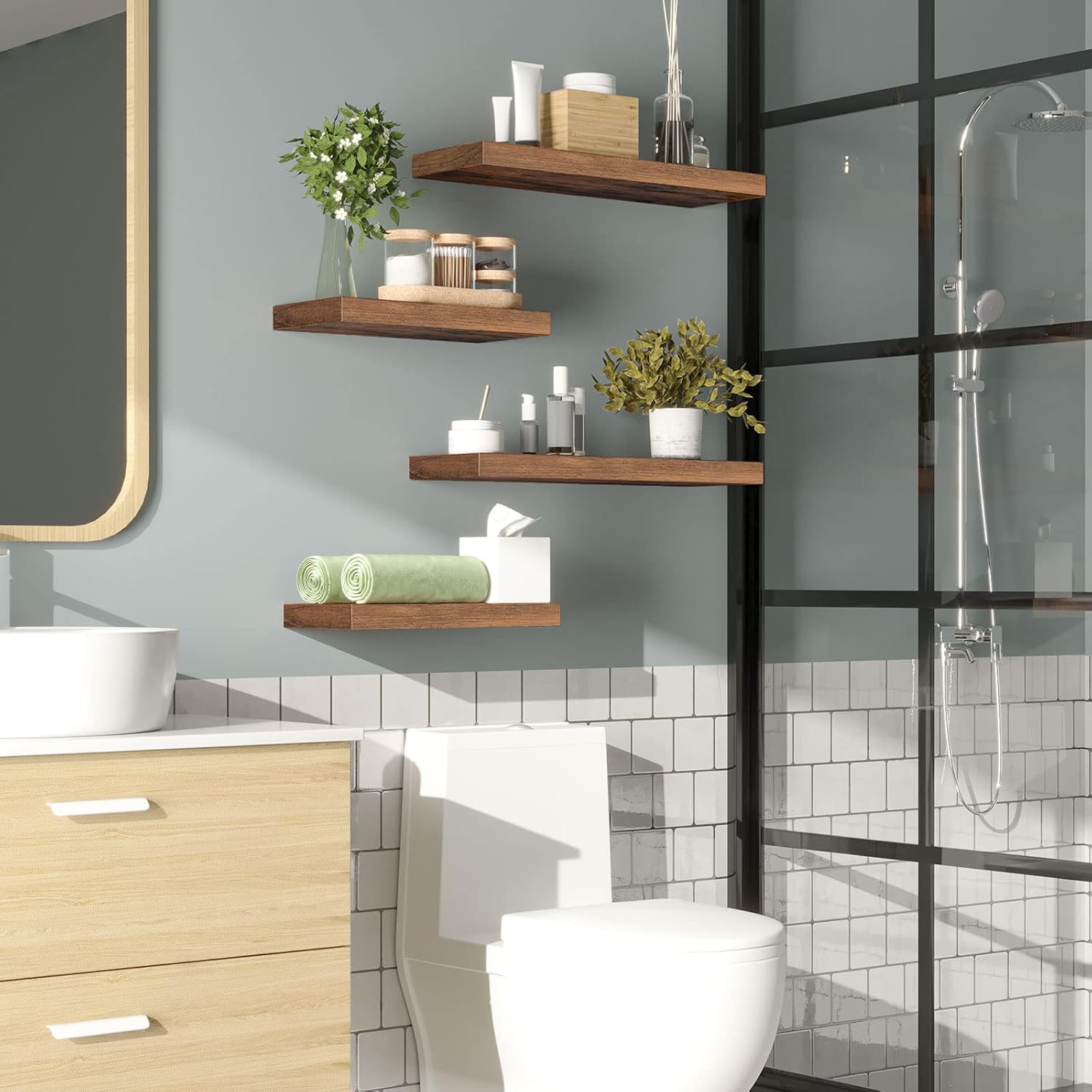 HOOBRO Floating Shelves, Wall Shelf Set of 2, 15.7 Inch Hanging Shelf with Invisible Brackets, for Wall in Bathroom, Bedroom, Toilet, Kitchen, Living Room, Office, Rustic Brown BF40BJ01