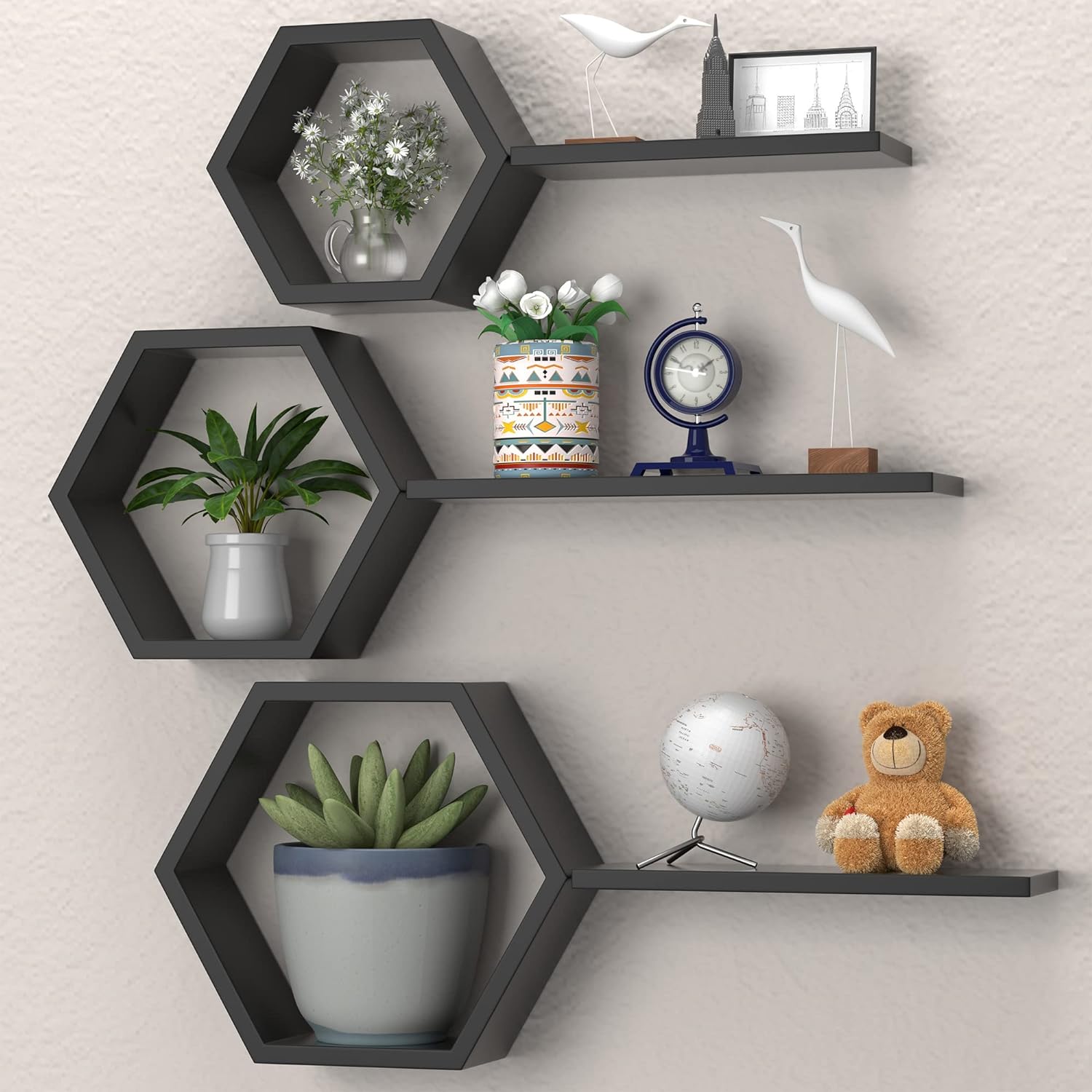 Hexagon Floating Honeycomb Shelves - Set of 6, Geometric Wall Shelves, Black