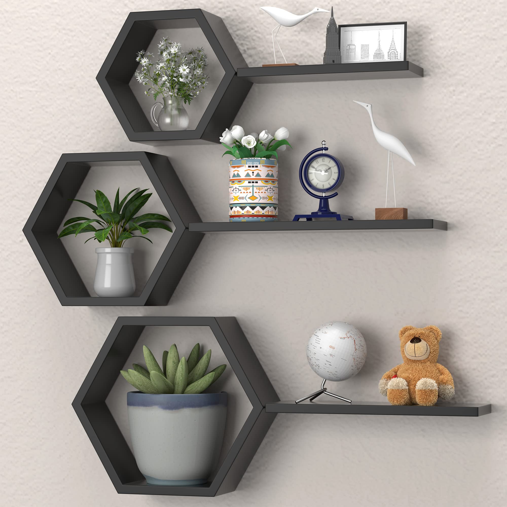 Hexagon Floating Honeycomb Shelves - Set of 6, Geometric Wall Shelves, Black