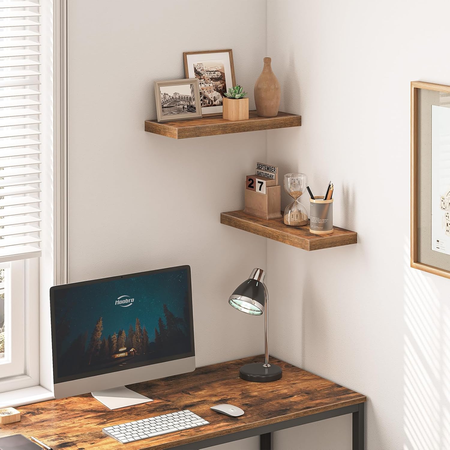 HOOBRO Floating Shelves, Wall Shelf Set of 2, 15.7 Inch Hanging Shelf with Invisible Brackets, for Wall in Bathroom, Bedroom, Toilet, Kitchen, Living Room, Office, Rustic Brown BF40BJ01