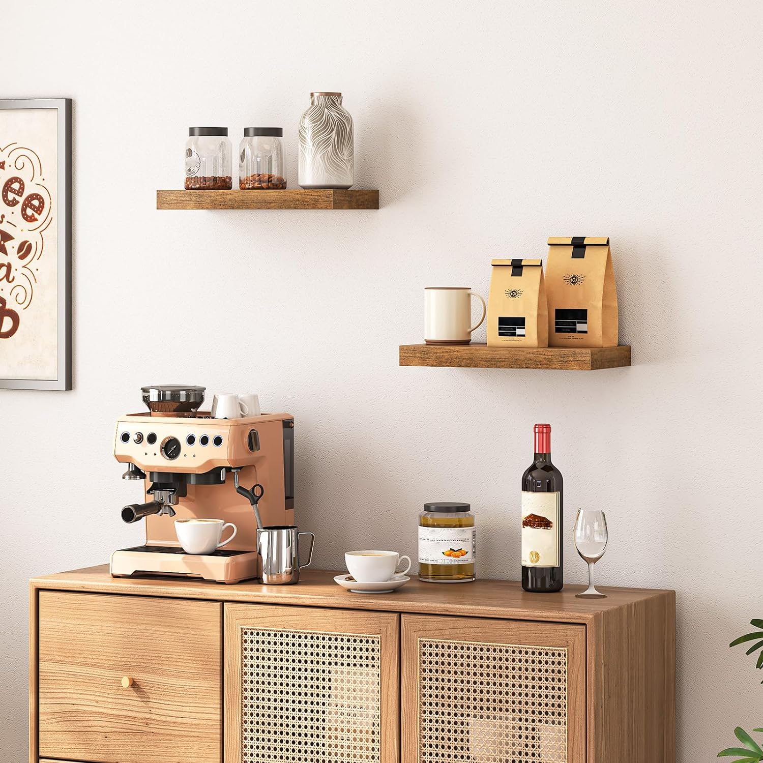 HOOBRO Floating Shelves, Wall Shelf Set of 2, 15.7 Inch Hanging Shelf with Invisible Brackets, for Wall in Bathroom, Bedroom, Toilet, Kitchen, Living Room, Office, Rustic Brown BF40BJ01