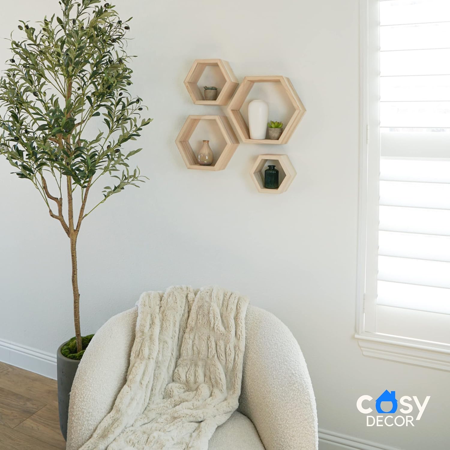 Hexagon Shelves Natural Premium Wood Floating Shelves Set of 4 Wall Shelf for Bedroom, Office, Living Room & Bathroom – Farmhouse Wall Décor - Decorative Wooden Honeycomb Shelves with Alignment Tool