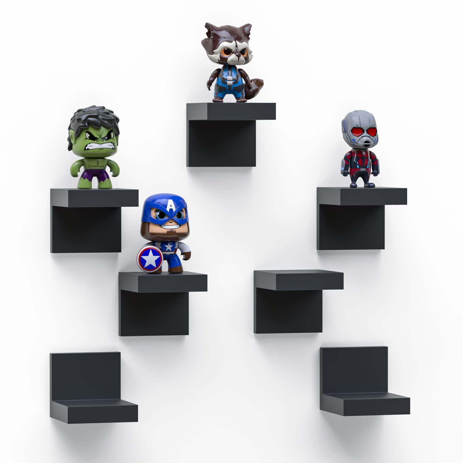 7-Pack Small Floating Shelves for Wall by RicherHouse, Plastic Black Shelf 4 Inch Display Ledges Room Decor, Mini with 2 Types of Installation (Adhesive or Screw)