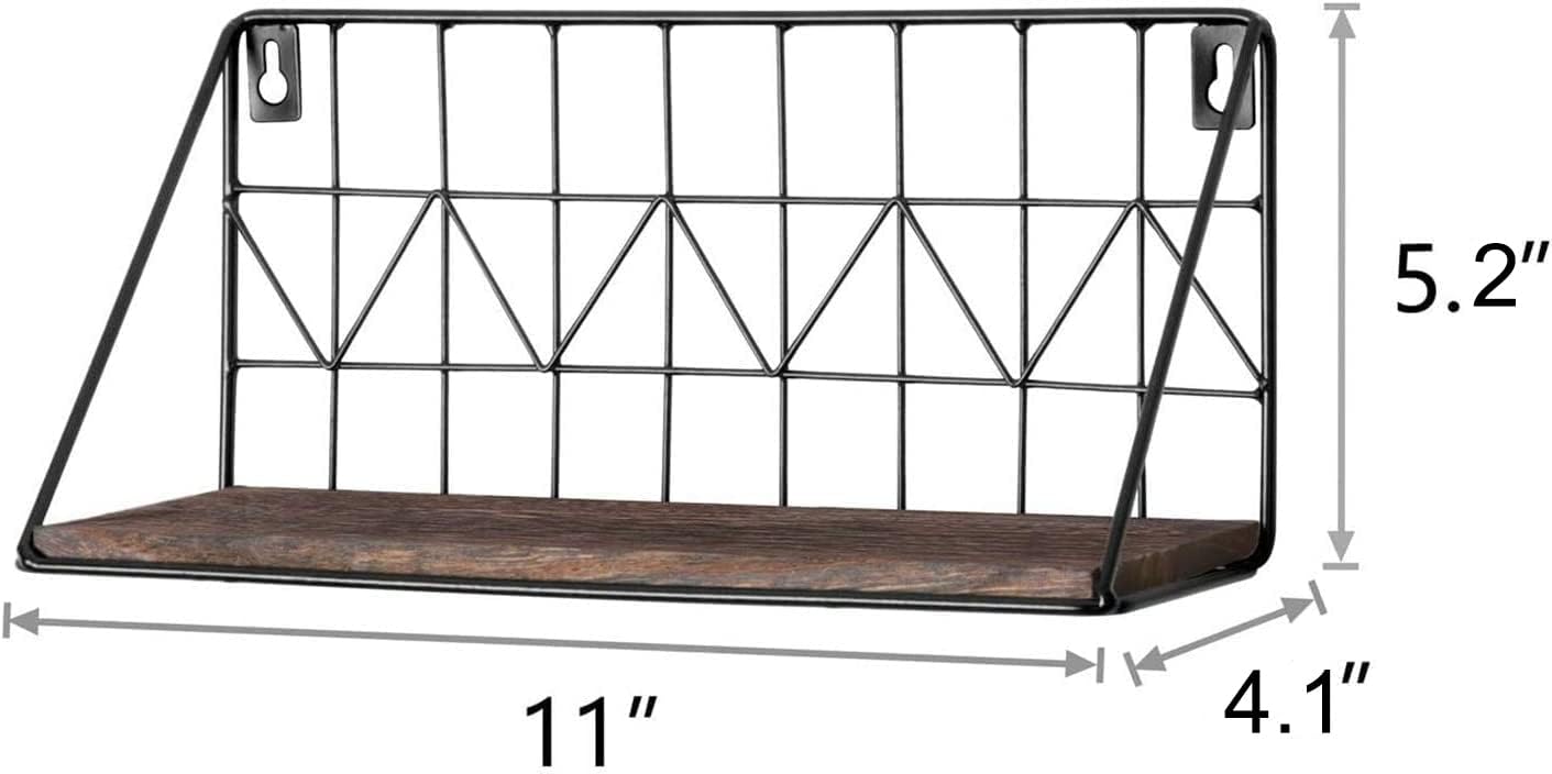 Mkono Floating Shelves Wall Mounted Set of 2 Rustic Wood Storage Display Shelf with Metal Wire Basket 11.5 Inches, Hanging Shelf for Bedroom Bathroom Living Room Kitchen Office, Brown,Small