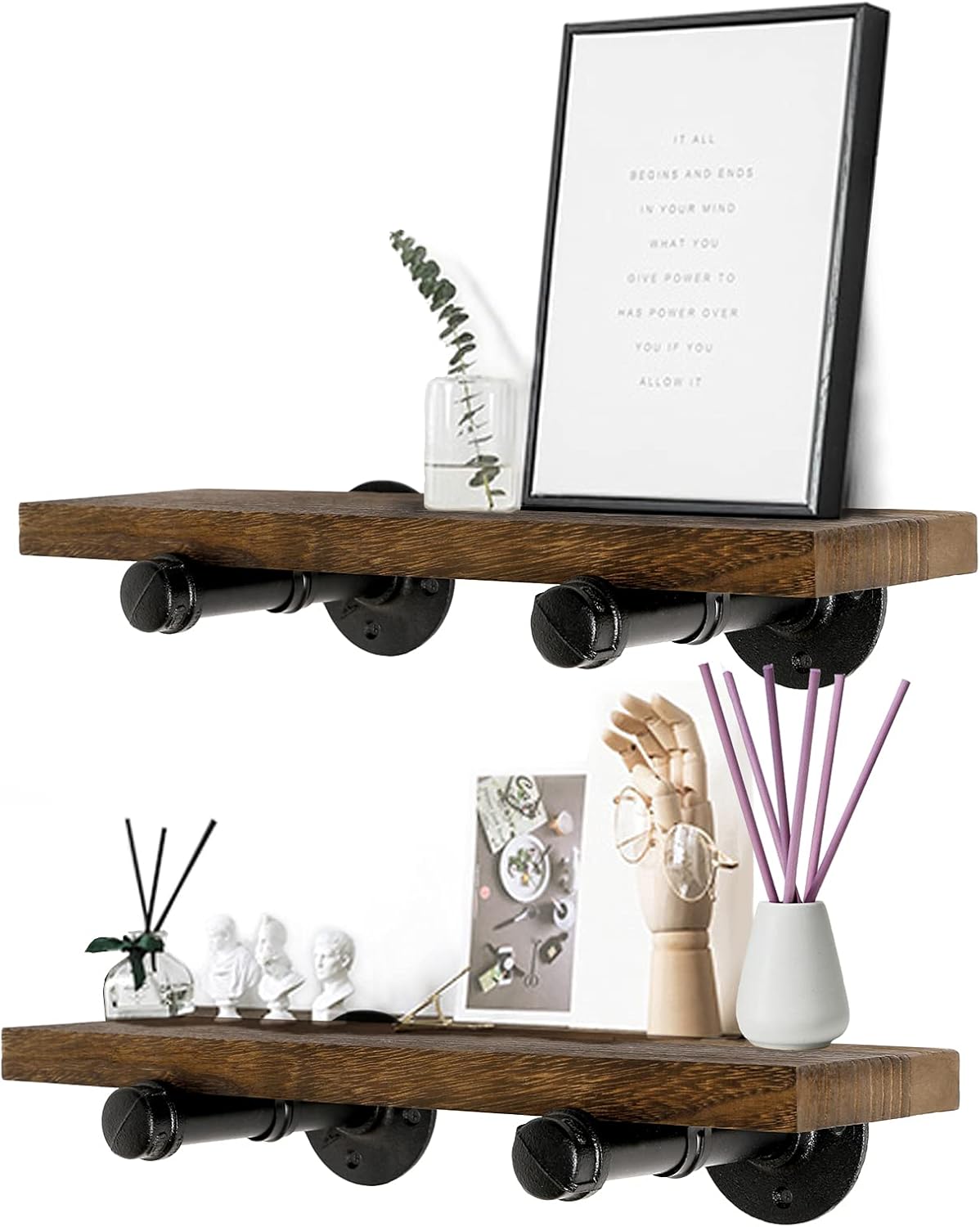 Wall Mounted Floating Shelves, Floating Shelves with Industrial Pipe Brackets Set of 2 Rustic Wood Storage Shelf for Bedroom Living Room Bathroom Kitchen Office and More (2, Brown)