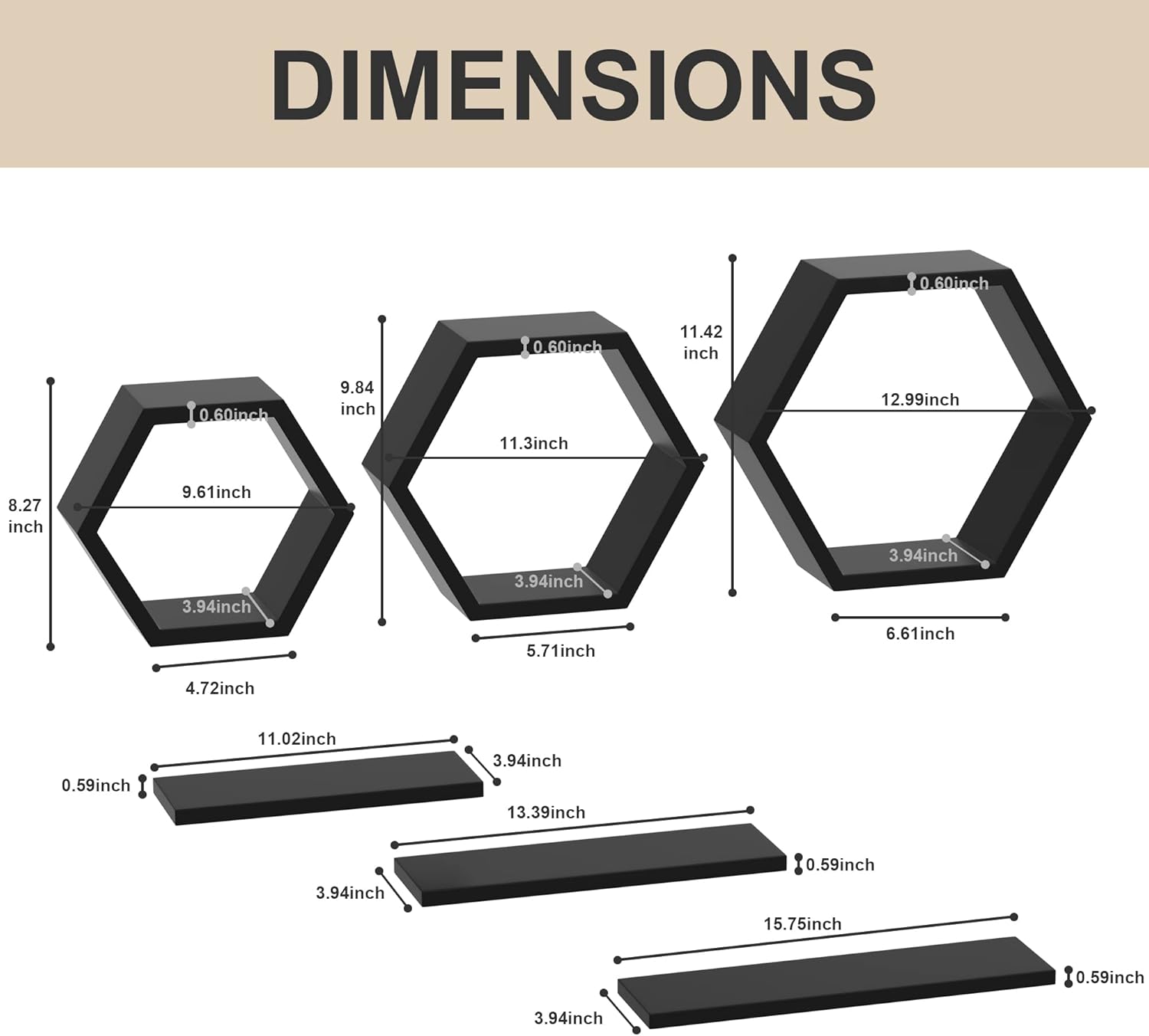 Hexagon Floating Honeycomb Shelves - Set of 6, Geometric Wall Shelves, Black