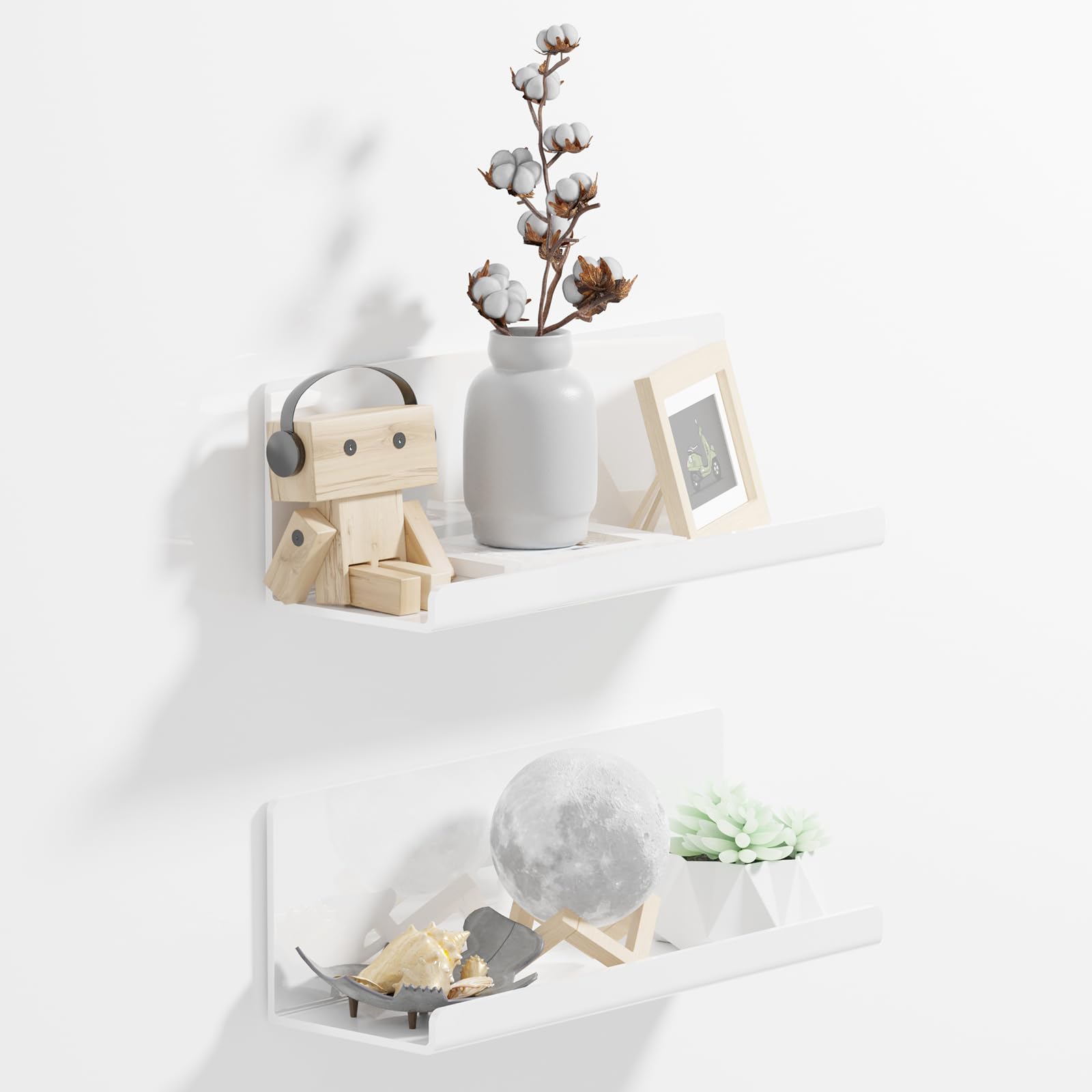 Acrylic Wall Floating Shelves Set of 2, White 12 Inch Adhesive Organizer for Bathroom, Kitchen, Bedroom, Office, Gaming Room, No Wall Damage, No Drill