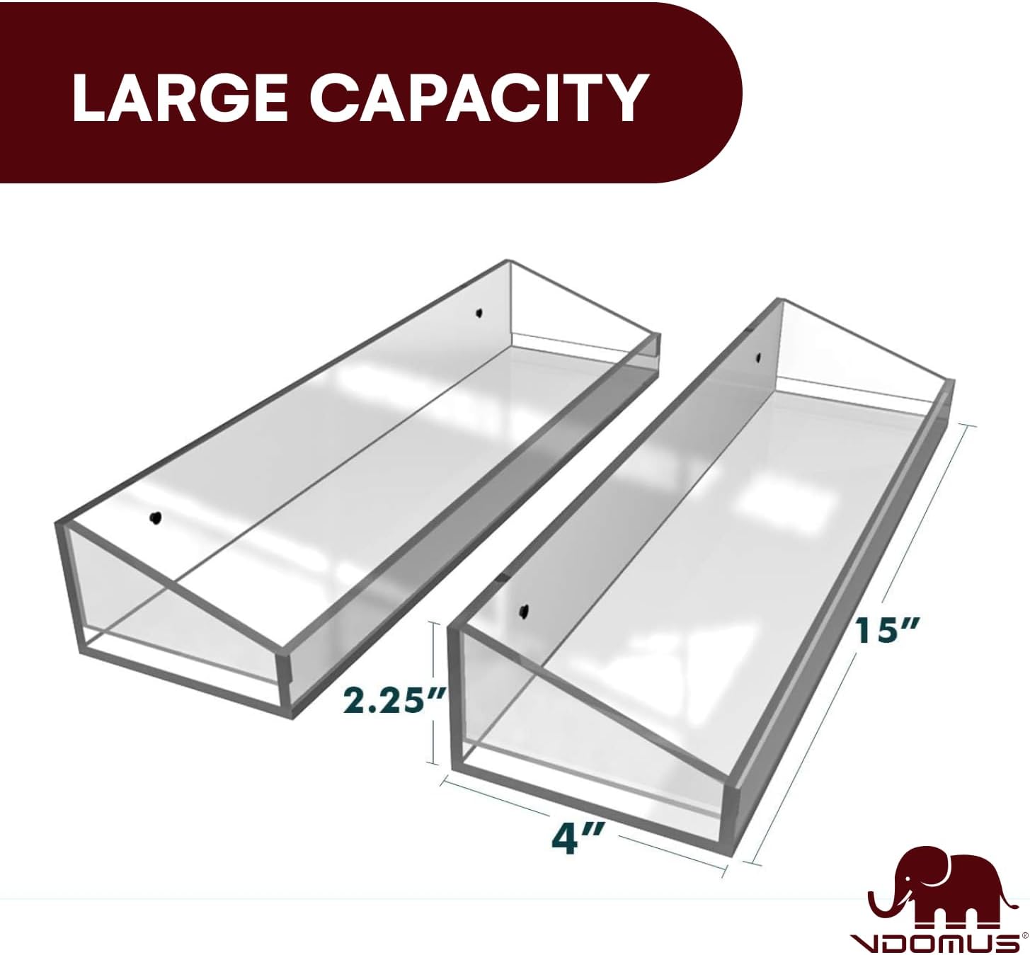 Vdomus Acrylic Bathroom Shelves, Set of 2 - 4"Dx15"Wx2.25"H Thick Wall Mounted Floating Shelves - Clear Storage and Display Shelving for Bathroom or Kitchen - No Drill Transparent Shower Organizer