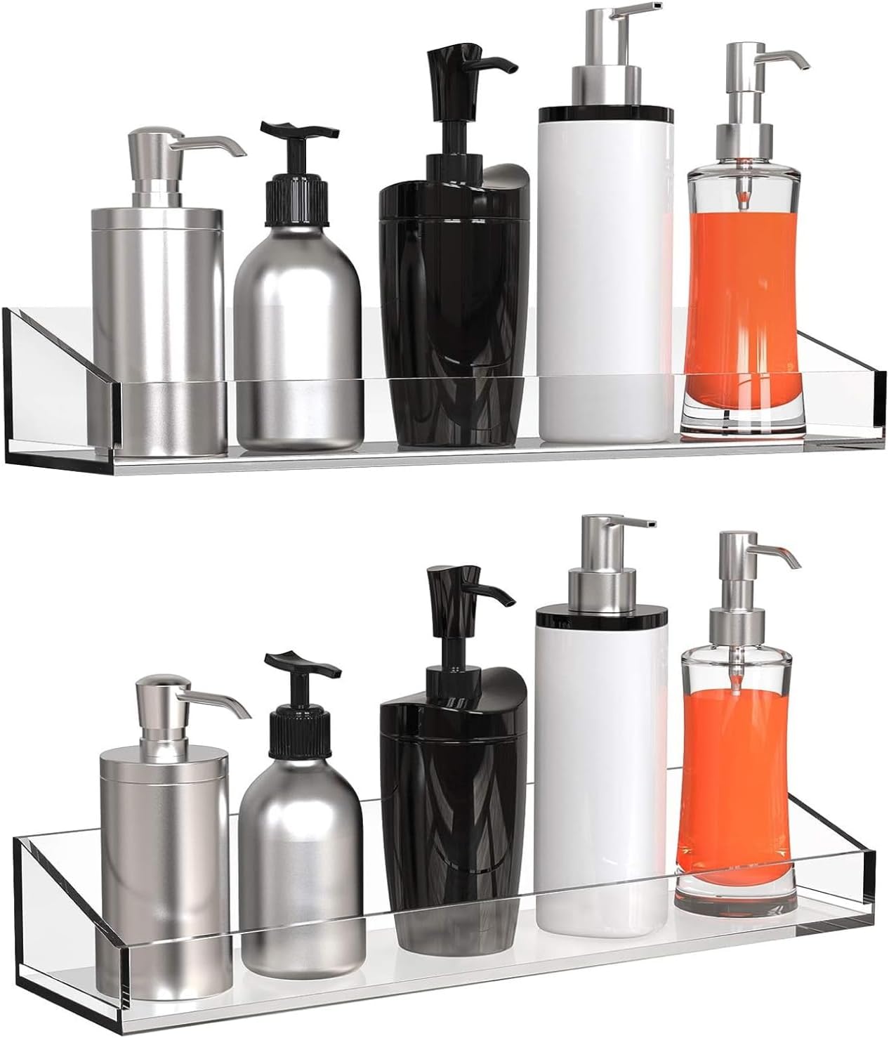 Vdomus Acrylic Bathroom Shelves, Set of 2 - 4"Dx15"Wx2.25"H Thick Wall Mounted Floating Shelves - Clear Storage and Display Shelving for Bathroom or Kitchen - No Drill Transparent Shower Organizer