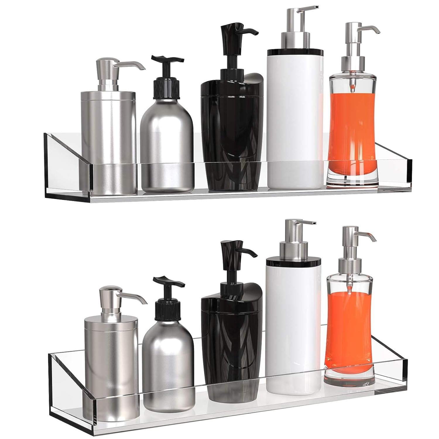 Vdomus Acrylic Bathroom Shelves, Set of 2 - 4"Dx15"Wx2.25"H Thick Wall Mounted Floating Shelves - Clear Storage and Display Shelving for Bathroom or Kitchen - No Drill Transparent Shower Organizer