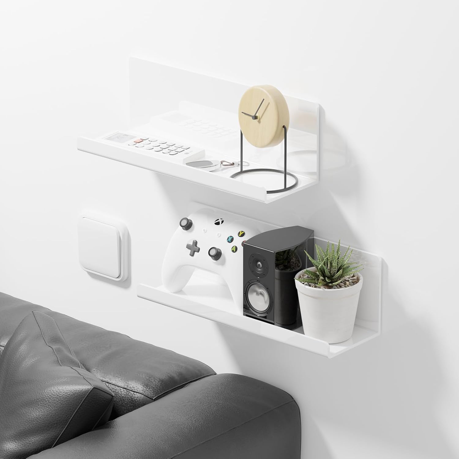 Acrylic Wall Floating Shelves Set of 2, White 12 Inch Adhesive Organizer for Bathroom, Kitchen, Bedroom, Office, Gaming Room, No Wall Damage, No Drill