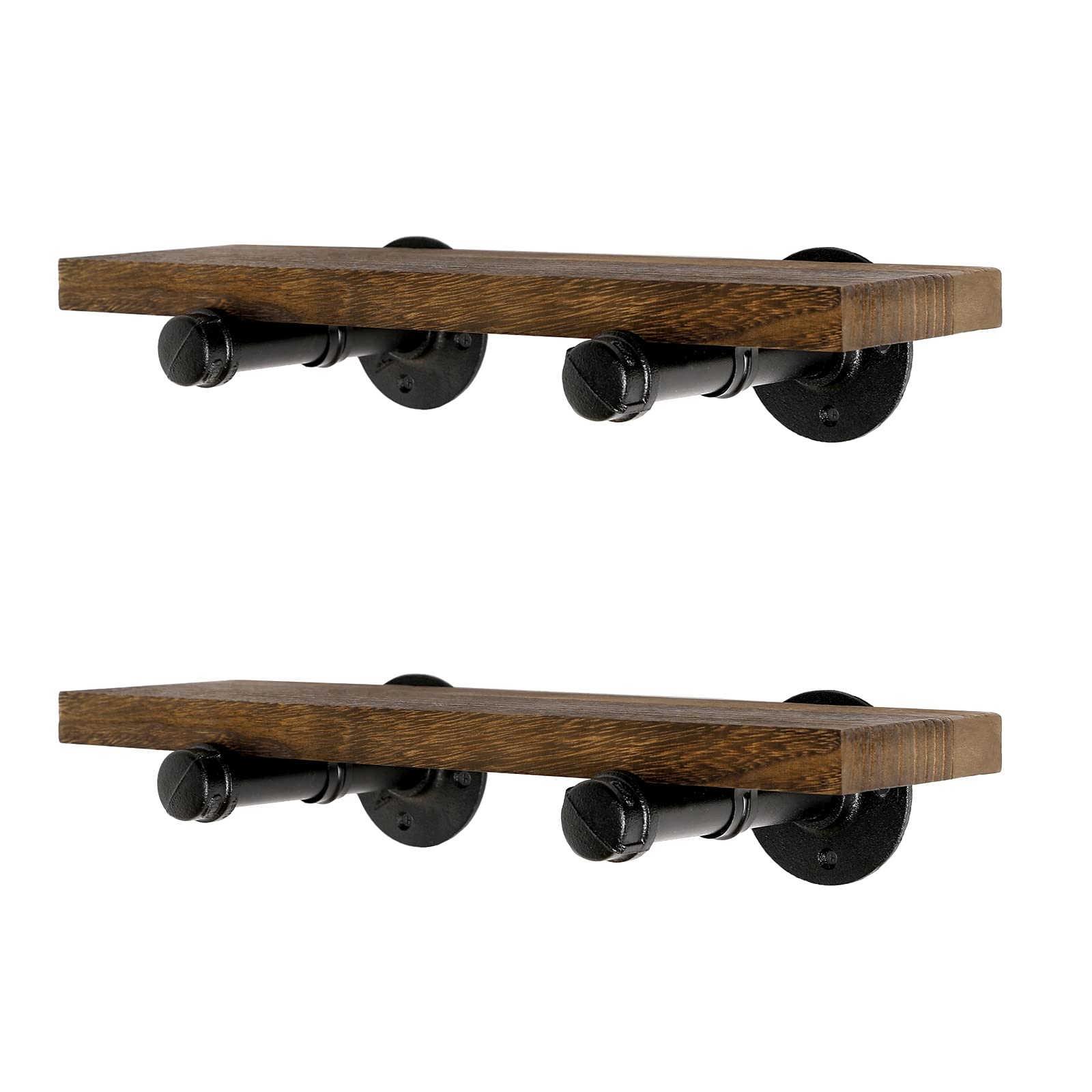 Wall Mounted Floating Shelves, Floating Shelves with Industrial Pipe Brackets Set of 2 Rustic Wood Storage Shelf for Bedroom Living Room Bathroom Kitchen Office and More (2, Brown)