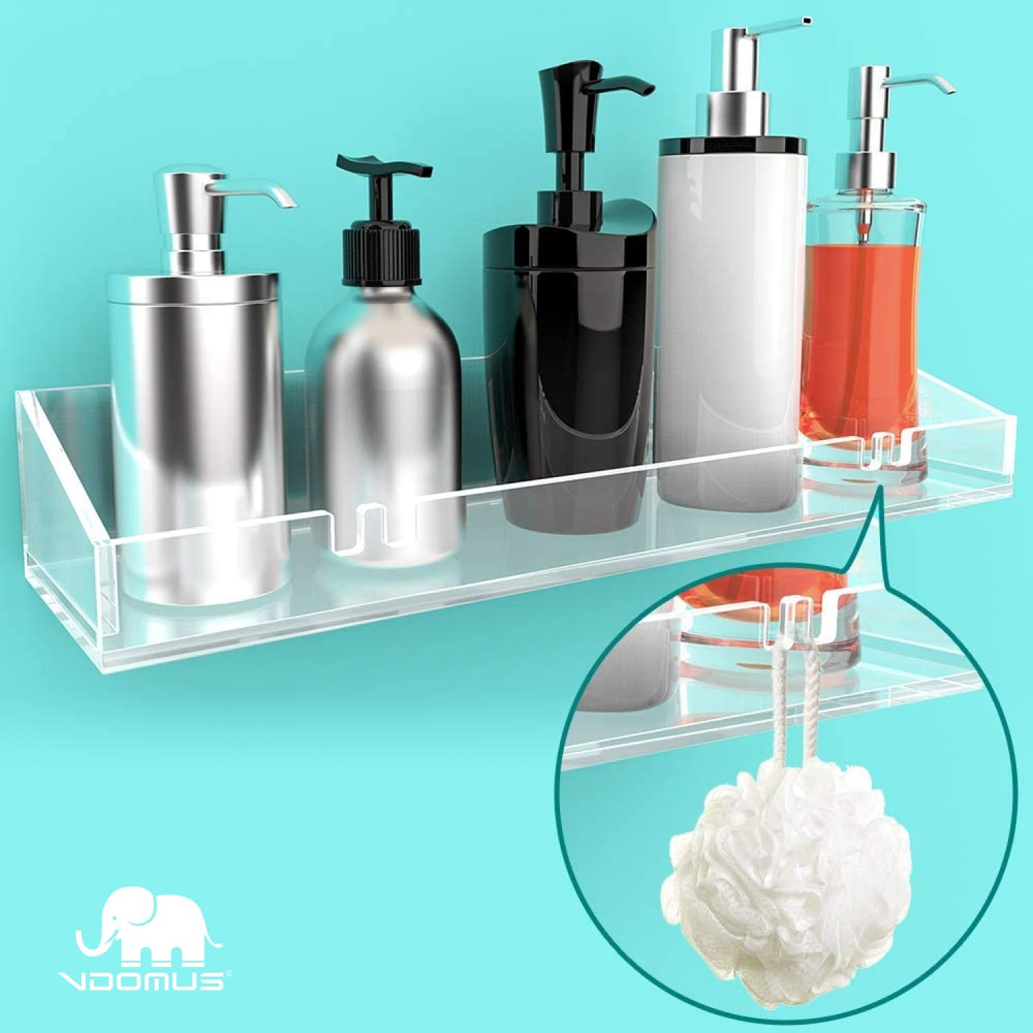 Vdomus Acrylic Bathroom Shelves, Set of 2 - 4"Dx15"Wx2.25"H Thick Wall Mounted Floating Shelves - Clear Storage and Display Shelving for Bathroom or Kitchen - No Drill Transparent Shower Organizer