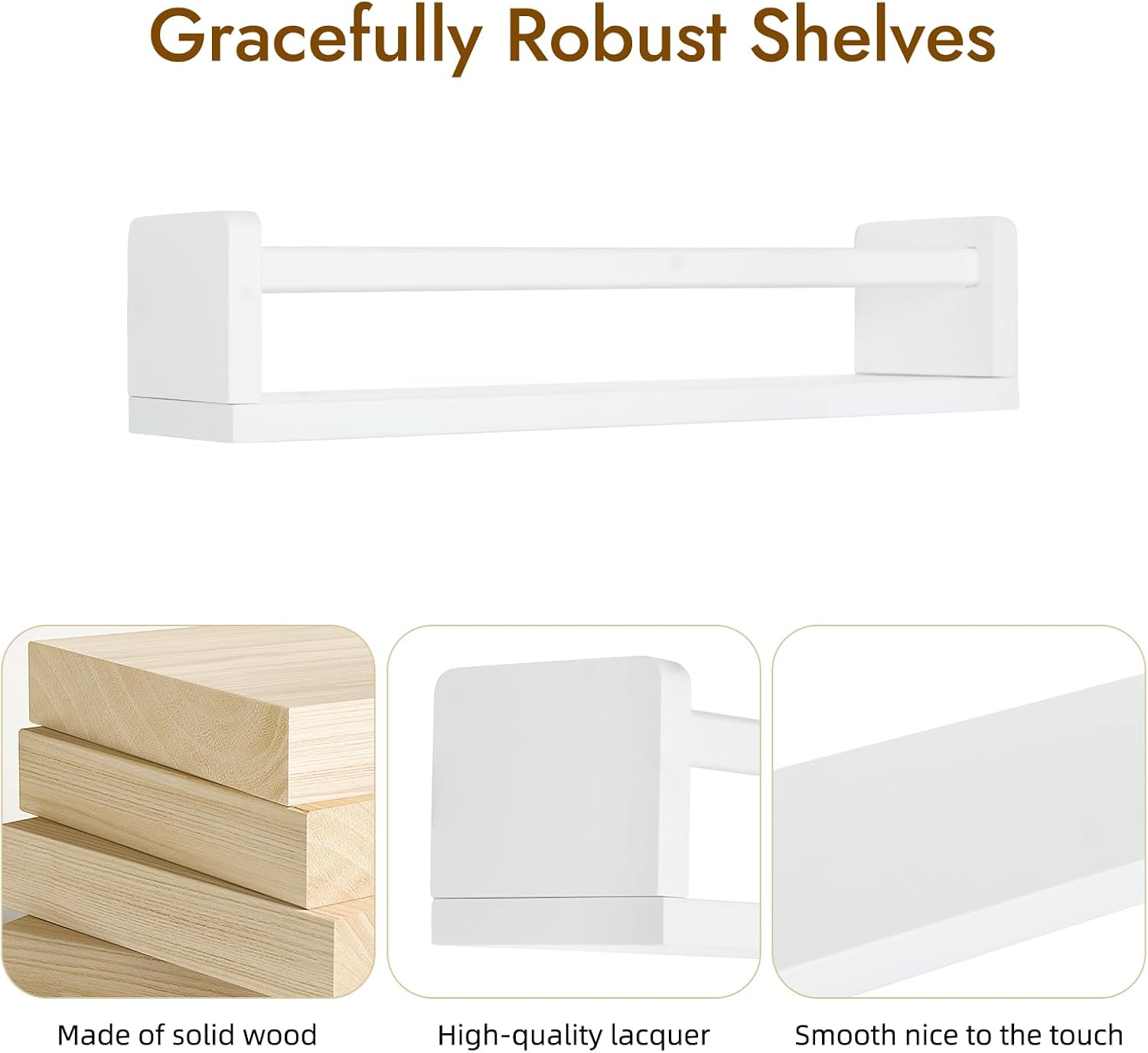 Nursery Book Shelves for Wall, 16.5 Inch Solid Wood Floating Nursery Bookshelf, Wooden Floating Shelves for Toys and Decor Storage, 16.5 Inch Set of 3 White