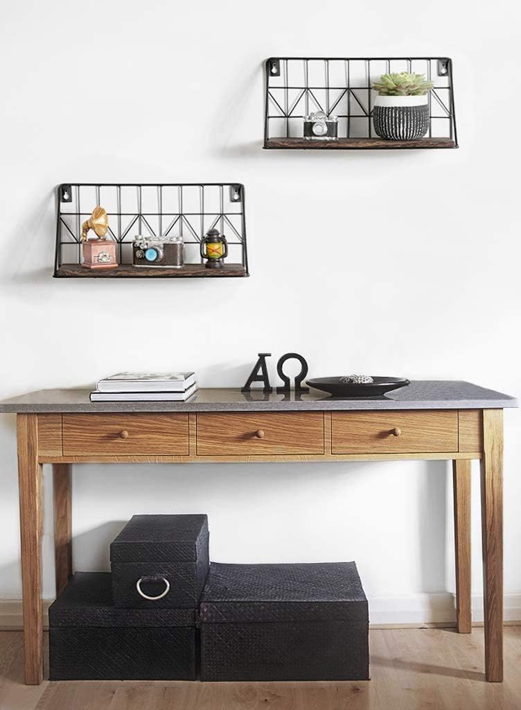 Mkono Floating Shelves Wall Mounted Set of 2 Rustic Wood Storage Display Shelf with Metal Wire Basket 11.5 Inches, Hanging Shelf for Bedroom Bathroom Living Room Kitchen Office, Brown,Small