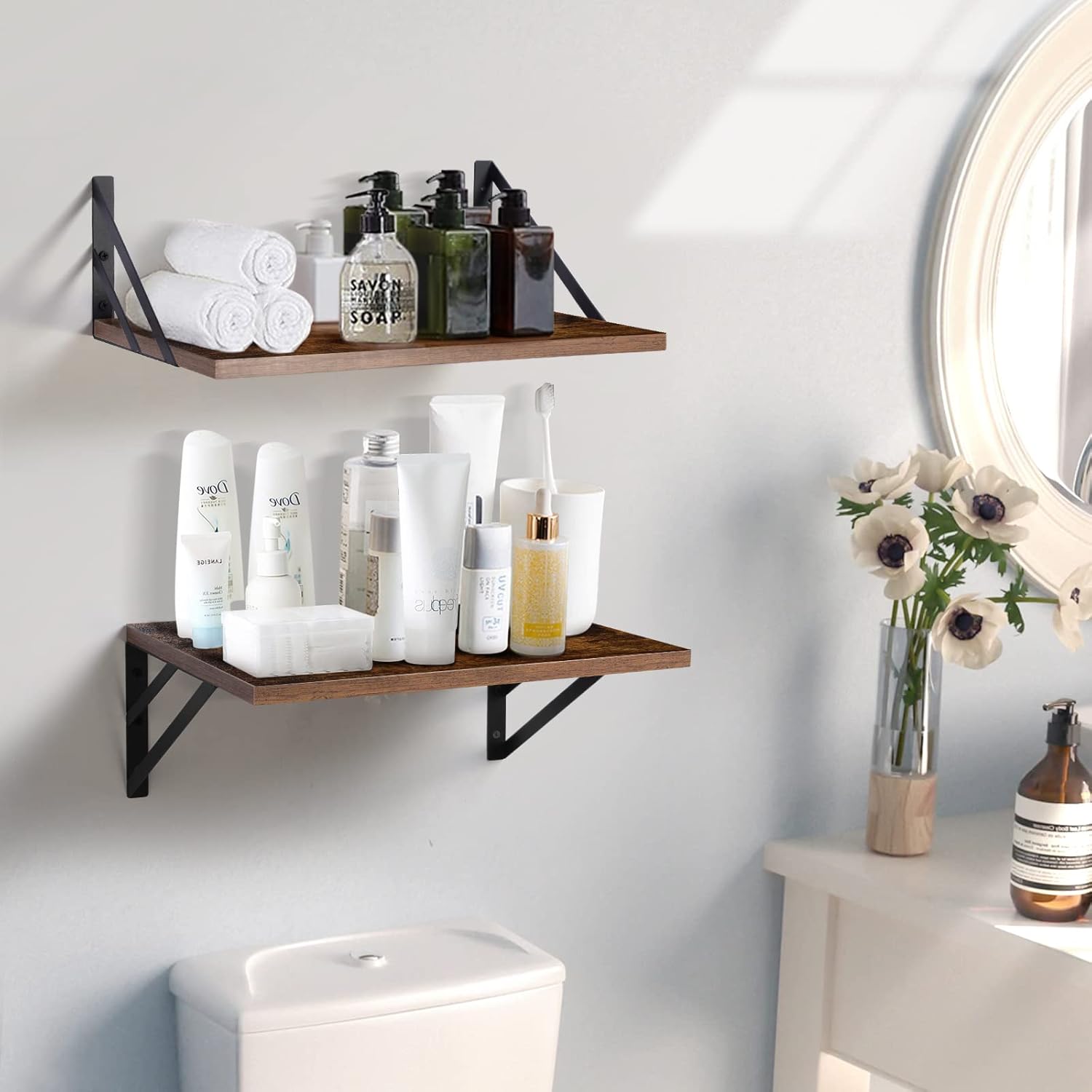2 Pc Deep Floating Shelves ; 12 Inch Deep Wall Mounted Hanging Shelves for Living Room, Kitchen, Office, Bathroom and Bedroom Decor; Storage and Display Shelf Set (Rustic Brown)
