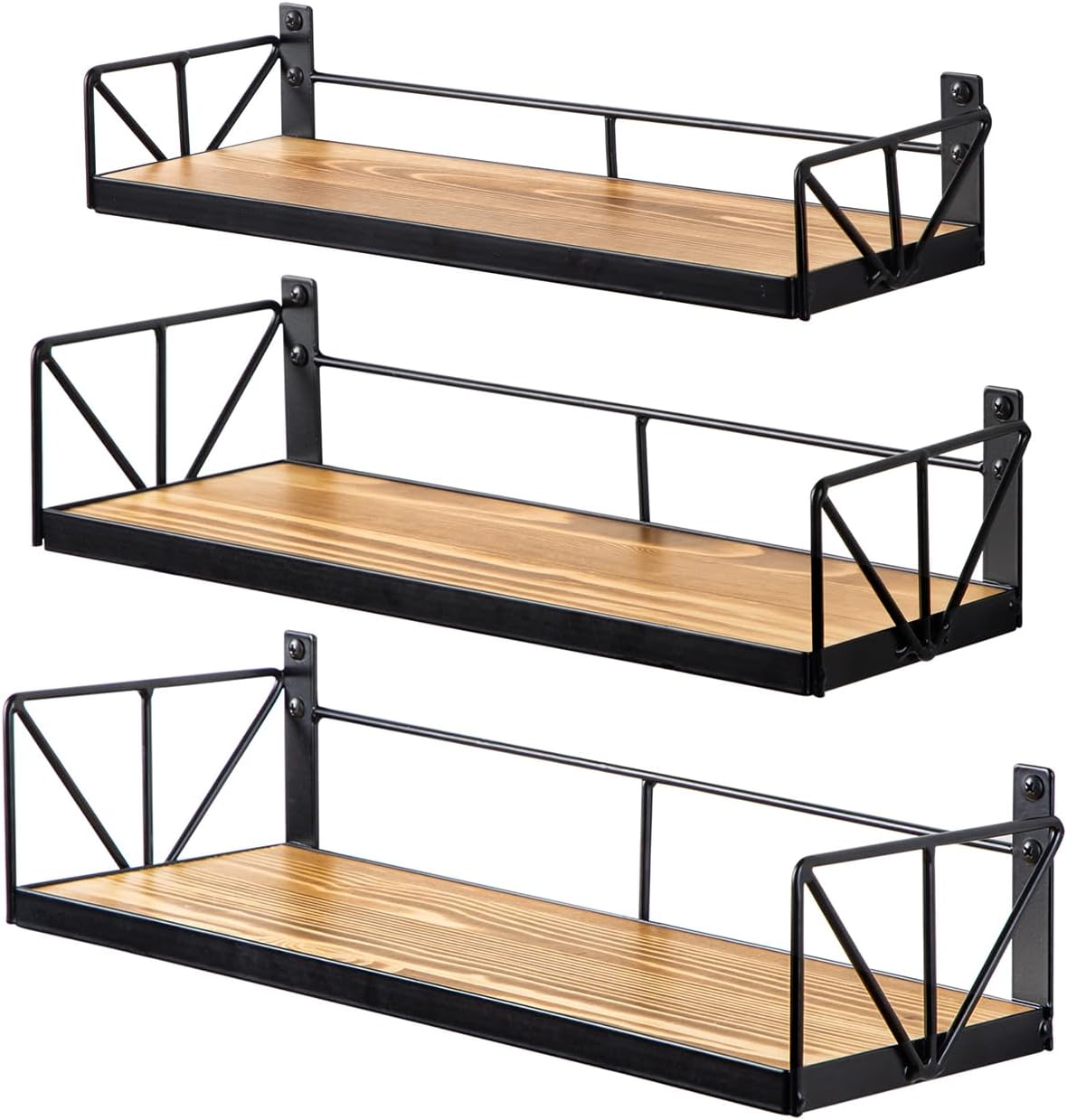 Qidordour Floating Shelves for Wall Set of 3, Rustic Wood Wall Shelves for Home Decor, Wall Mounted Farmhouse Floating Shelf for Living Room, Bathroom, Bedroom and Kitchen (Carbonized Brown)