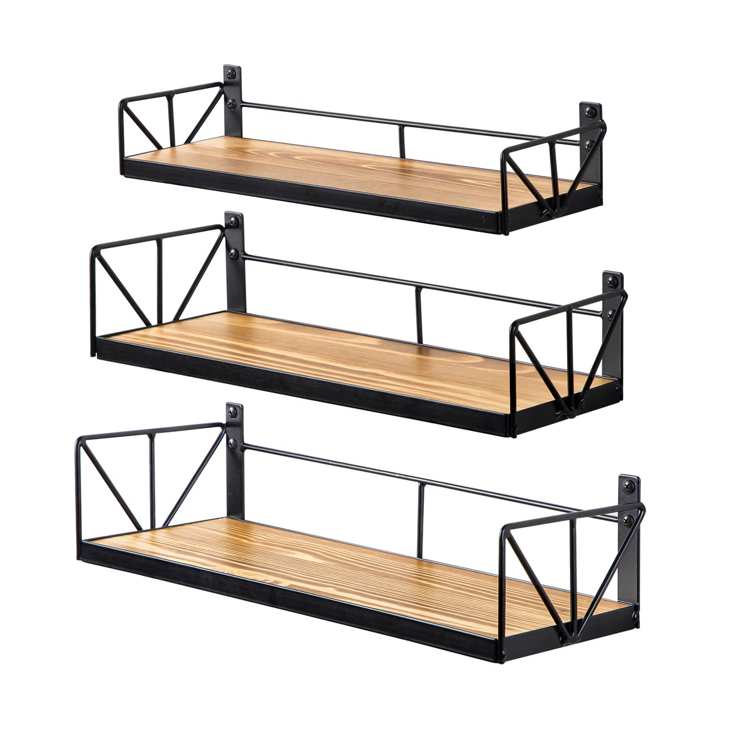 Qidordour Floating Shelves for Wall Set of 3, Rustic Wood Wall Shelves for Home Decor, Wall Mounted Farmhouse Floating Shelf for Living Room, Bathroom, Bedroom and Kitchen (Carbonized Brown)