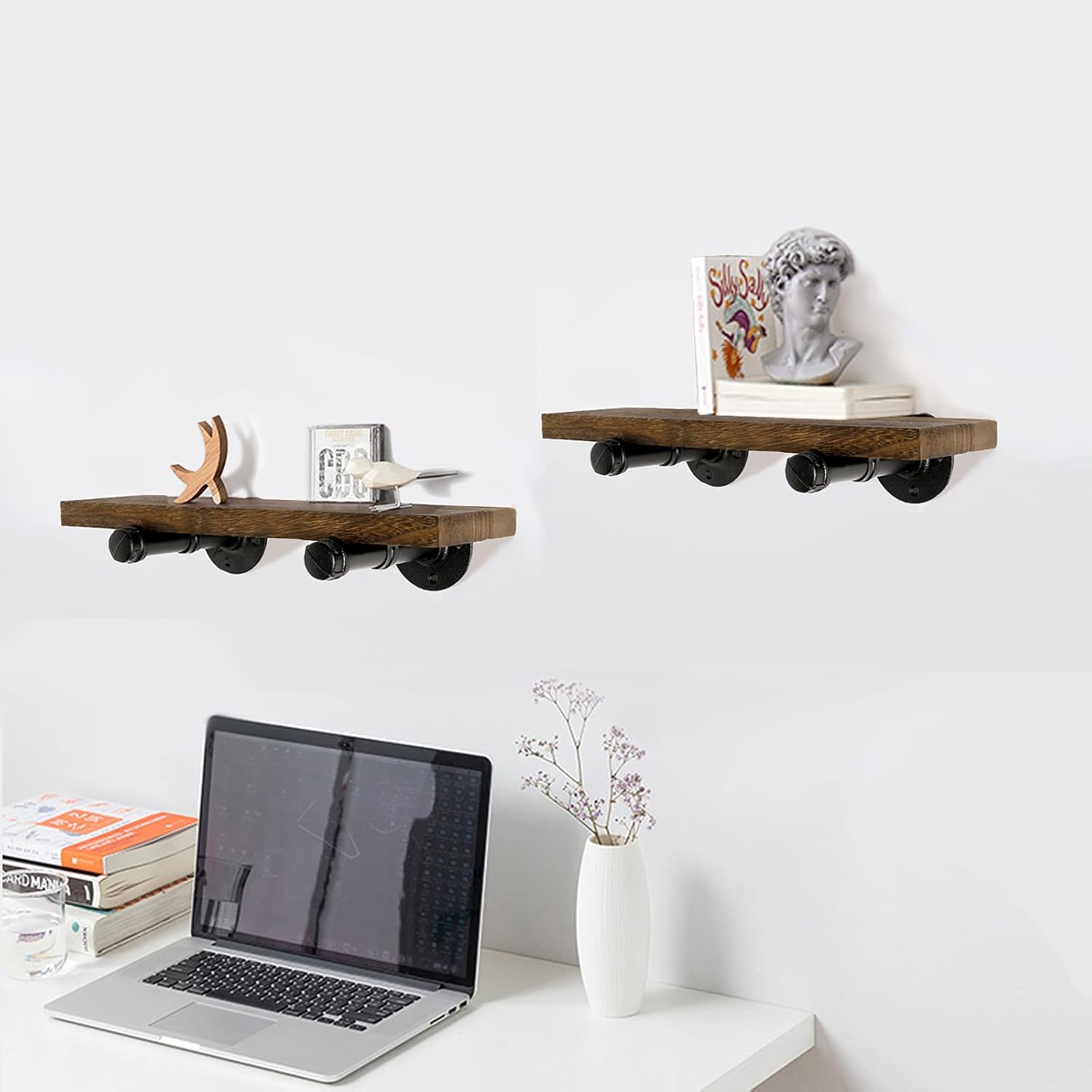 Wall Mounted Floating Shelves, Floating Shelves with Industrial Pipe Brackets Set of 2 Rustic Wood Storage Shelf for Bedroom Living Room Bathroom Kitchen Office and More (2, Brown)