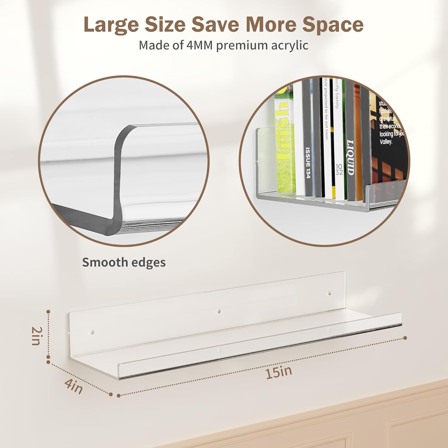 Set of 4, Acrylic Adhesive Shelf for Wall, 15" Clear Bathroom Stroage Shelves, Acrylic Floating Wall Mounted Organizer, Book Shelves for Kids Baby (No Drill)