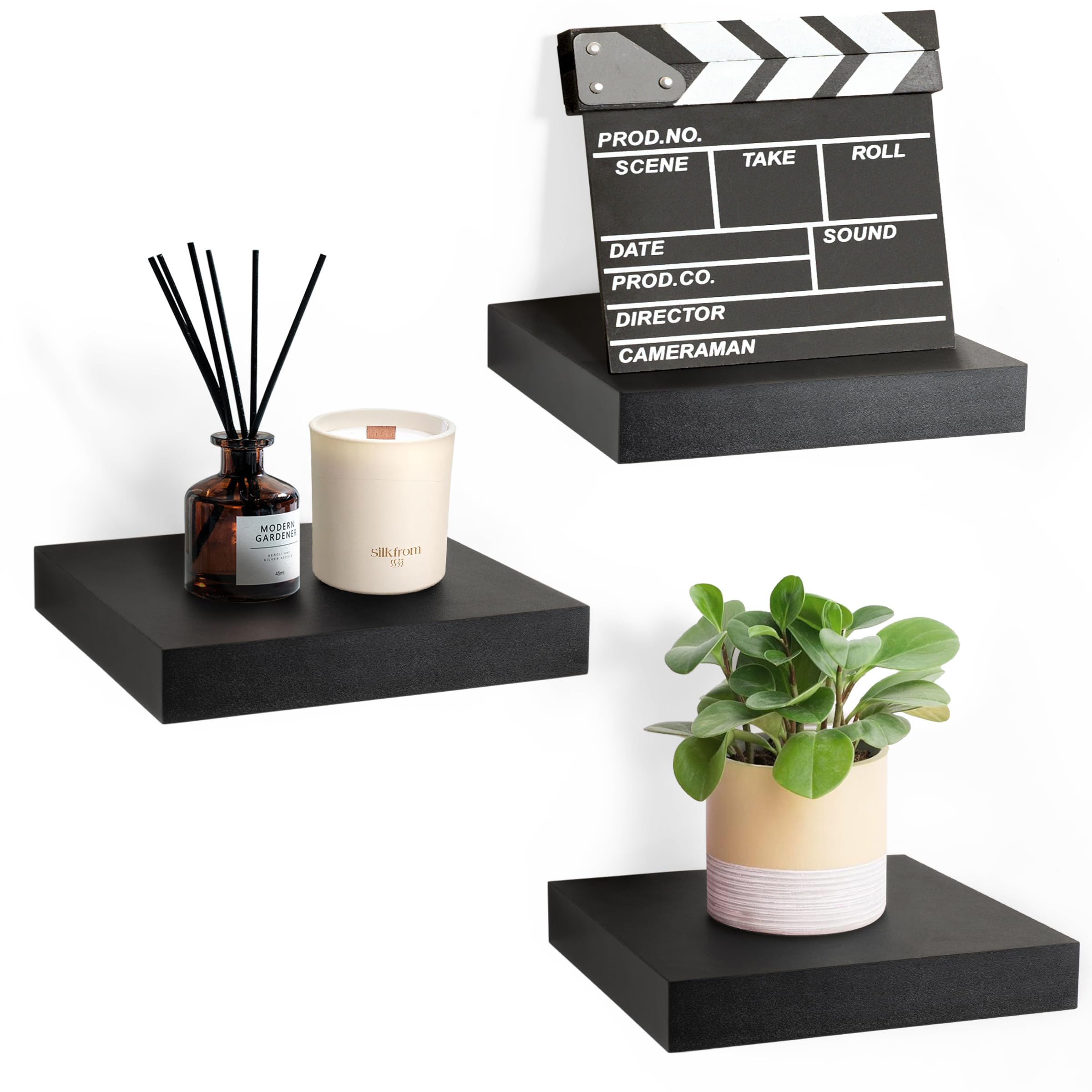 Sorbus Square Floating Shelf for Wall - 3 Small Shelves with Invisible Mounting Brackets for Living Room Decor, Bedroom, Bathroom Decor, Home & Kitchen - 9" Black Wall Shelf to Display Photos Trophies