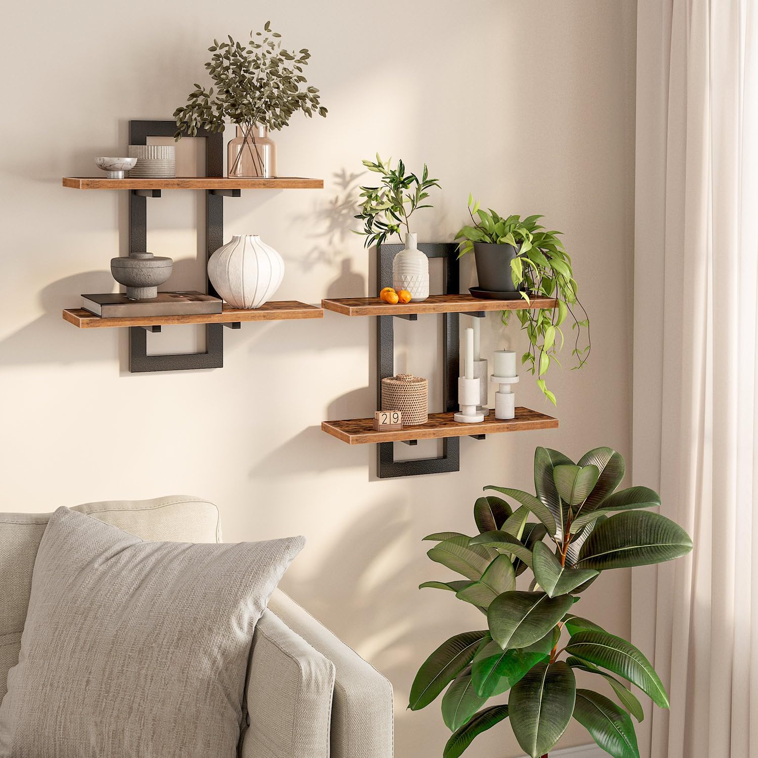 HOOBRO Floating Shelves, 15 Inch Wall Shelf Set of 2, Wall Mounted Storage Shelves 2-Tier, Hanging Bathroom Shelves, for Living Room, Bedroom, Bathroom, Kitchen, Rustic Brown and Black BF32BJ01
