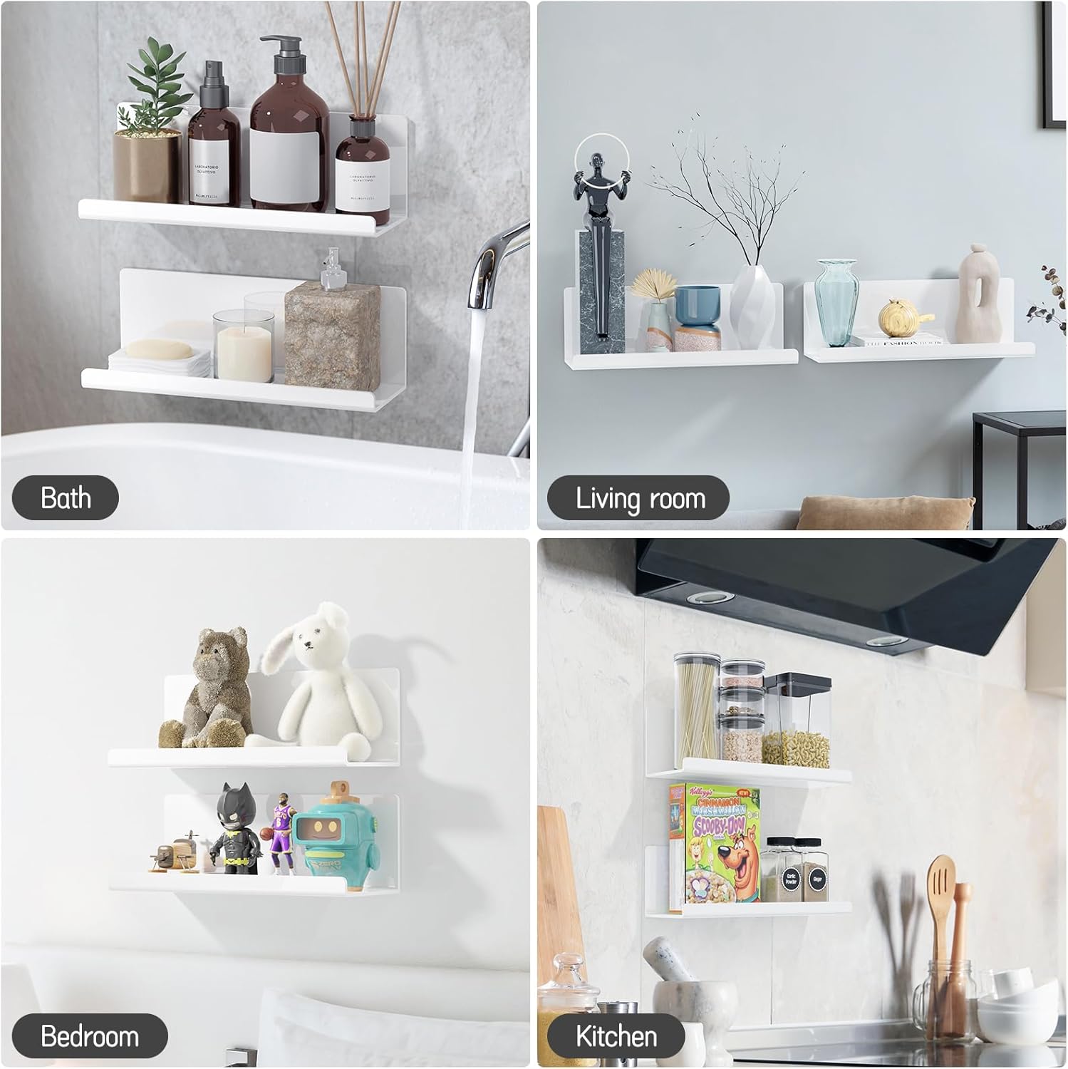 Acrylic Wall Floating Shelves Set of 2, White 12 Inch Adhesive Organizer for Bathroom, Kitchen, Bedroom, Office, Gaming Room, No Wall Damage, No Drill