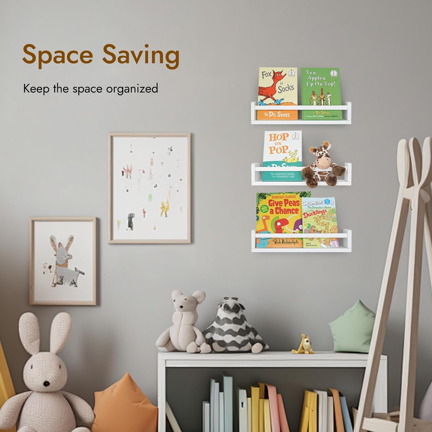 Nursery Book Shelves for Wall, 16.5 Inch Solid Wood Floating Nursery Bookshelf, Wooden Floating Shelves for Toys and Decor Storage, 16.5 Inch Set of 3 White