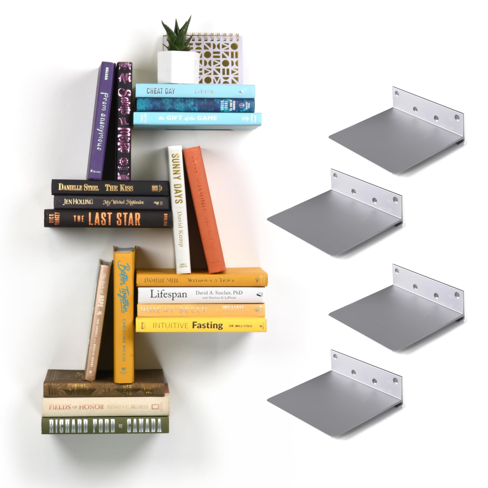 Floating Invisible Bookshelf Wall Mounted (Set of 4) - Aluminum - Turn Books into Floating Shelves