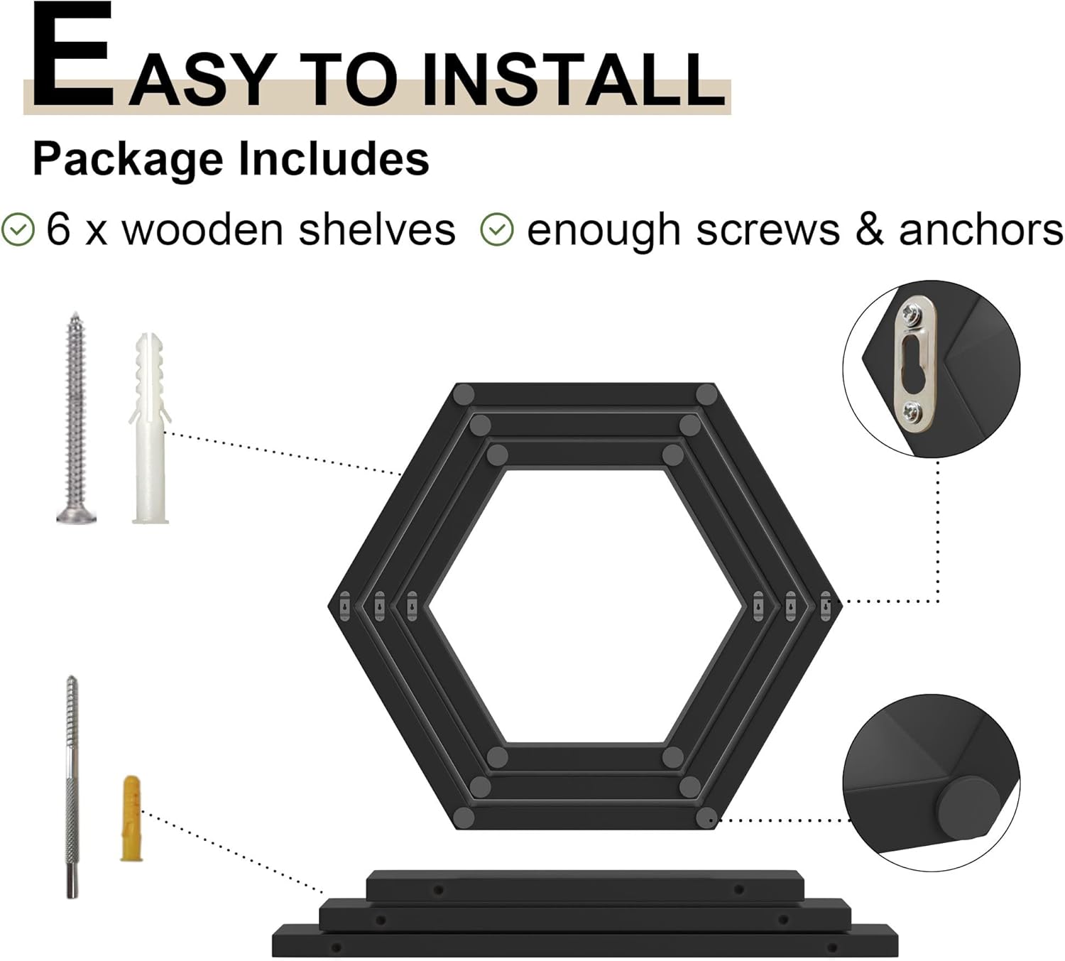 Hexagon Floating Honeycomb Shelves - Set of 6, Geometric Wall Shelves, Black