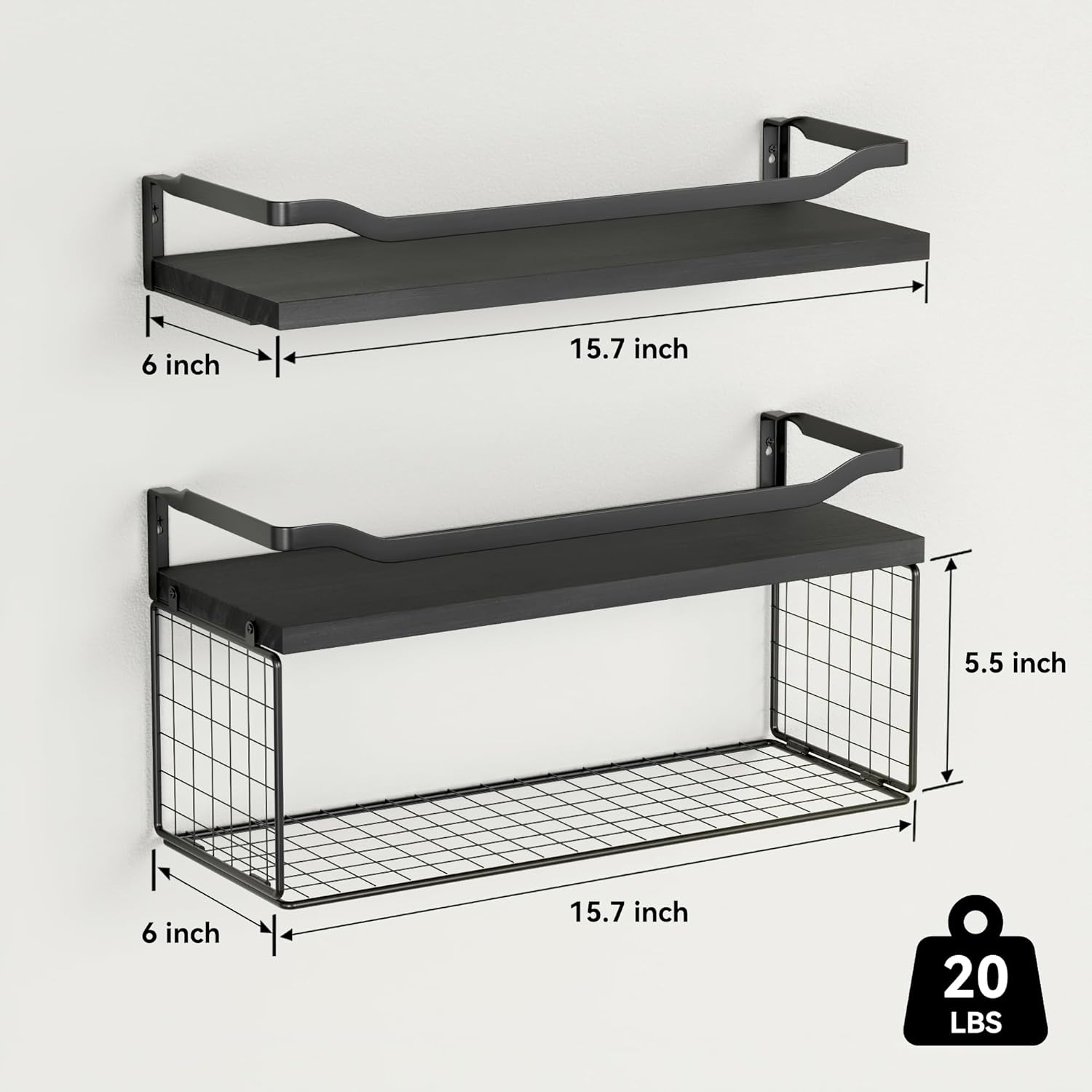 WOPITUES Floating Shelves with Wire Storage Basket, Bathroom Shelves Over Toilet with Protective Metal Guardrail, Wood Wall Shelves for Bathroom, Bedroom, Living Room, Toilet Paper-Black