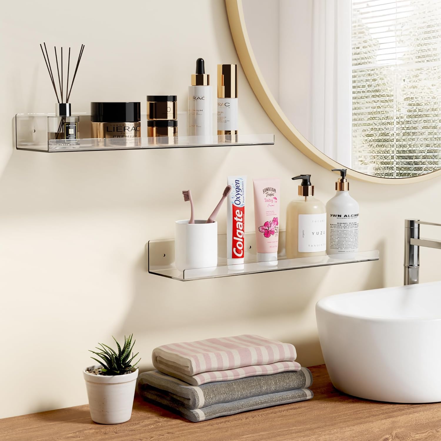 Set of 4, Acrylic Adhesive Shelf for Wall, 15" Clear Bathroom Stroage Shelves, Acrylic Floating Wall Mounted Organizer, Book Shelves for Kids Baby (No Drill)
