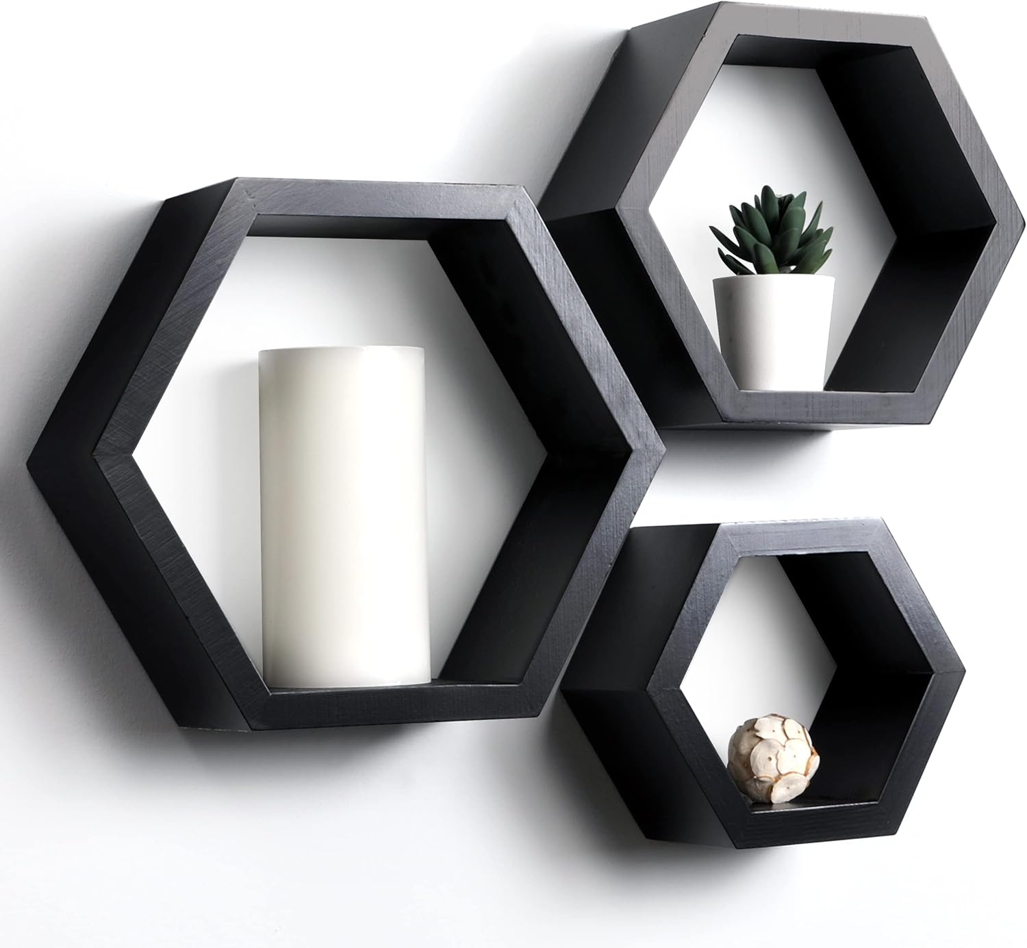 Set of 3 Pine Wood Hexagon Shelves for Wall Decor - Farmhouse Honeycomb Shelves for Living Room Decor, Kitchen Storage, Mounted Storage for Living Room, Kitchen - Durable, Stylish & Versatile