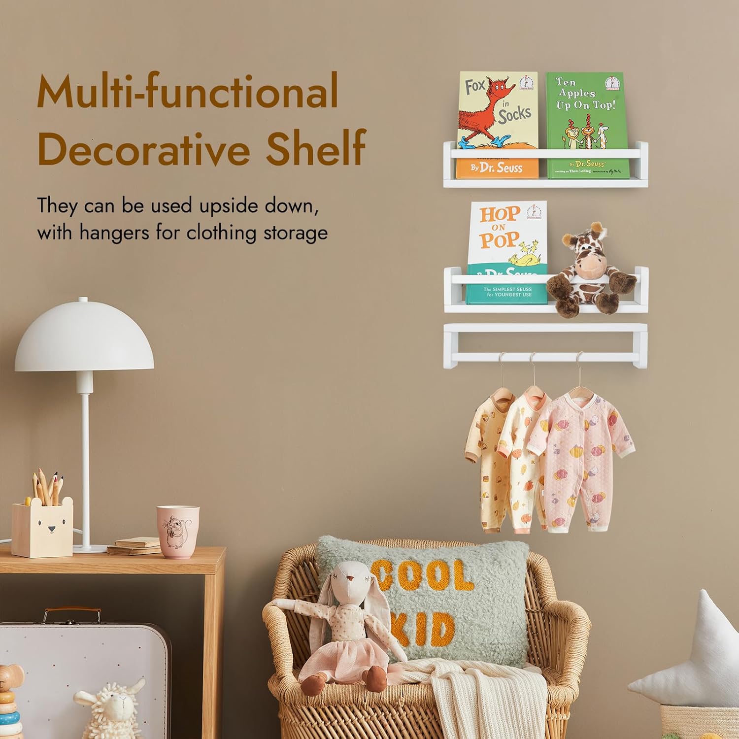 Nursery Book Shelves for Wall, 16.5 Inch Solid Wood Floating Nursery Bookshelf, Wooden Floating Shelves for Toys and Decor Storage, 16.5 Inch Set of 3 White