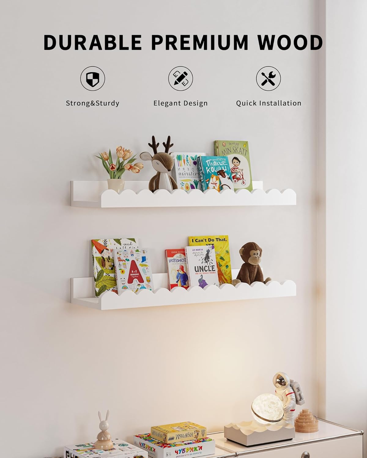 Nursery Book Shelves, 4-Pack White Floating Shelves for Wall Kids, Scalloped Shelves, Wall Book Shelves for Bedroom Kids, Toddler Room, Baby Room, Nursery Decor