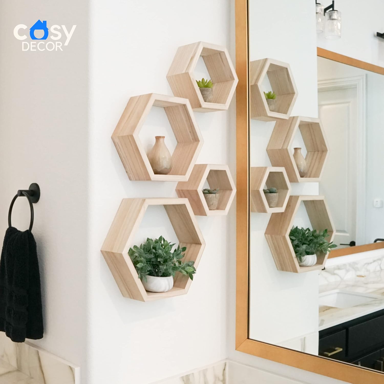Hexagon Shelves Natural Premium Wood Floating Shelves Set of 4 Wall Shelf for Bedroom, Office, Living Room & Bathroom – Farmhouse Wall Décor - Decorative Wooden Honeycomb Shelves with Alignment Tool