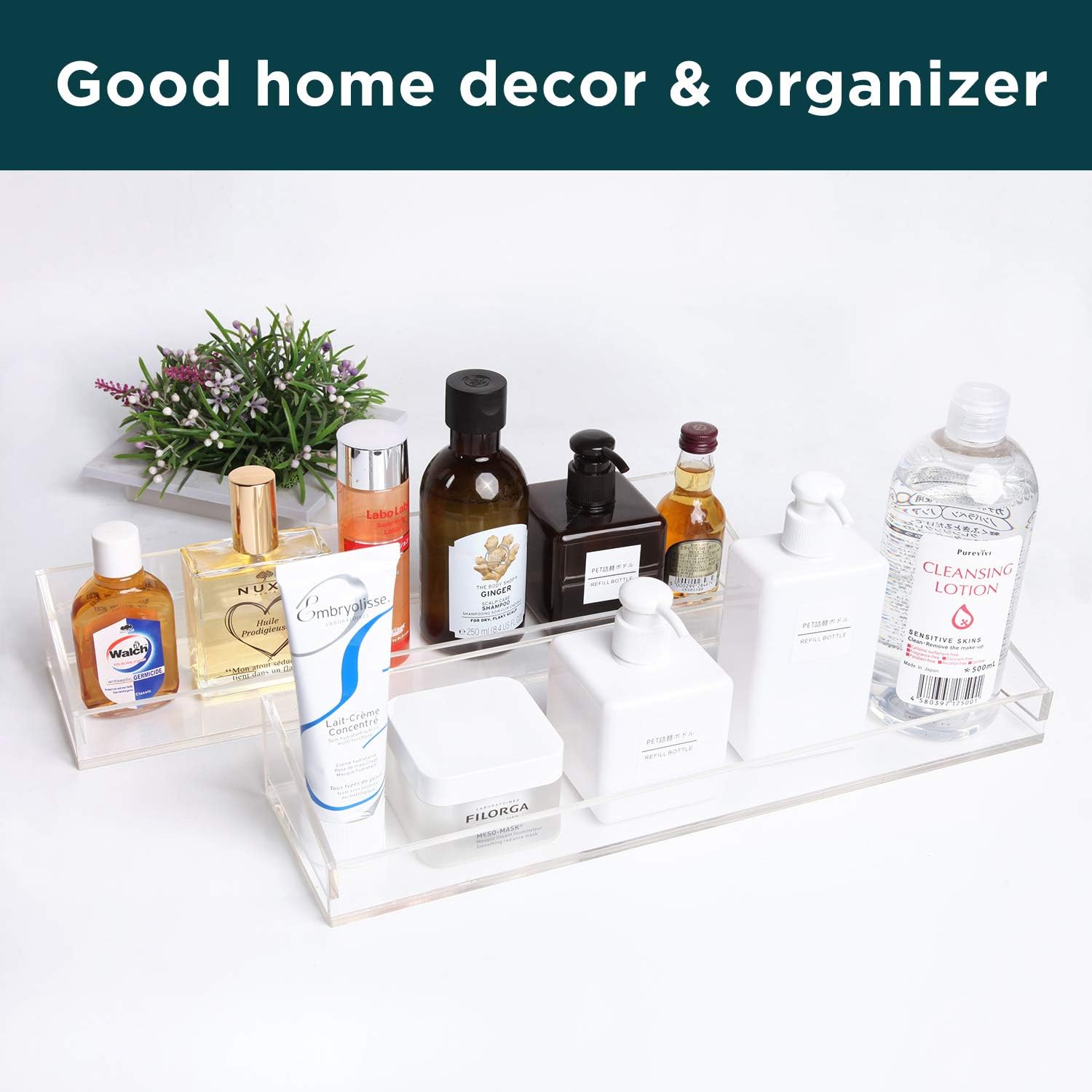 Vdomus Acrylic Bathroom Shelves, Set of 2 - 4"Dx15"Wx2.25"H Thick Wall Mounted Floating Shelves - Clear Storage and Display Shelving for Bathroom or Kitchen - No Drill Transparent Shower Organizer