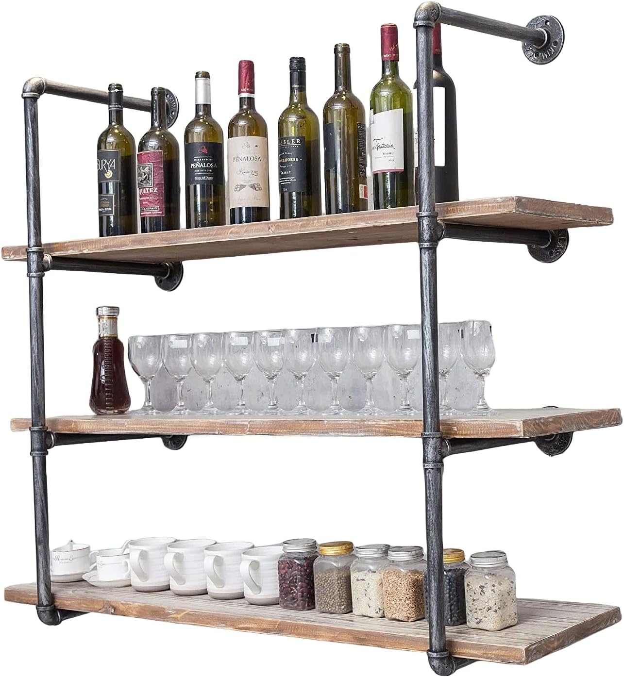 3 level Wall Mounted Iron Floating Pipe Shelves/Racks/Storage/Bookcases, DIY Open Bookshelves/Shelving for Kitchen/Office, Retro Black,(4-Tier Shelf Brackets,Not Include Planks)
