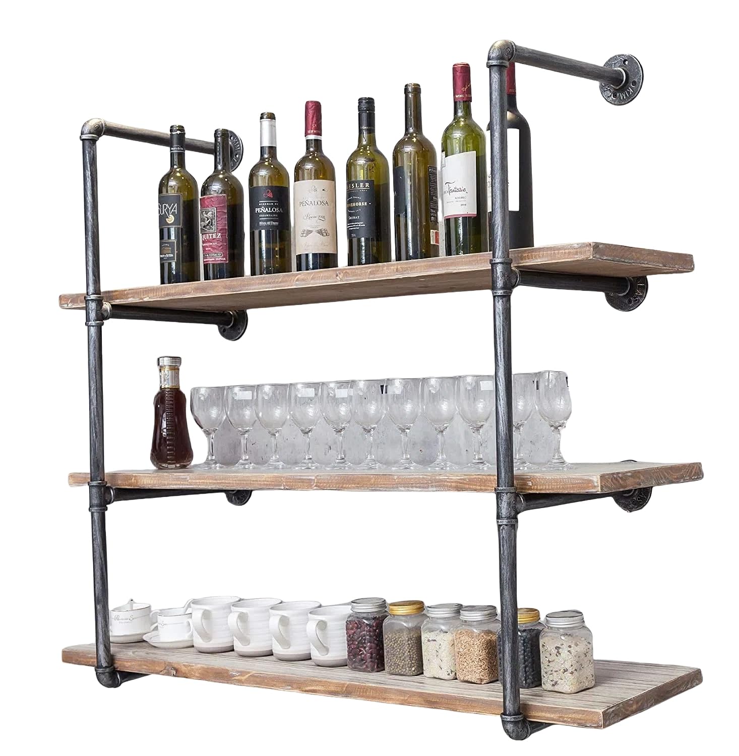 3 level Wall Mounted Iron Floating Pipe Shelves/Racks/Storage/Bookcases, DIY Open Bookshelves/Shelving for Kitchen/Office, Retro Black,(4-Tier Shelf Brackets,Not Include Planks)