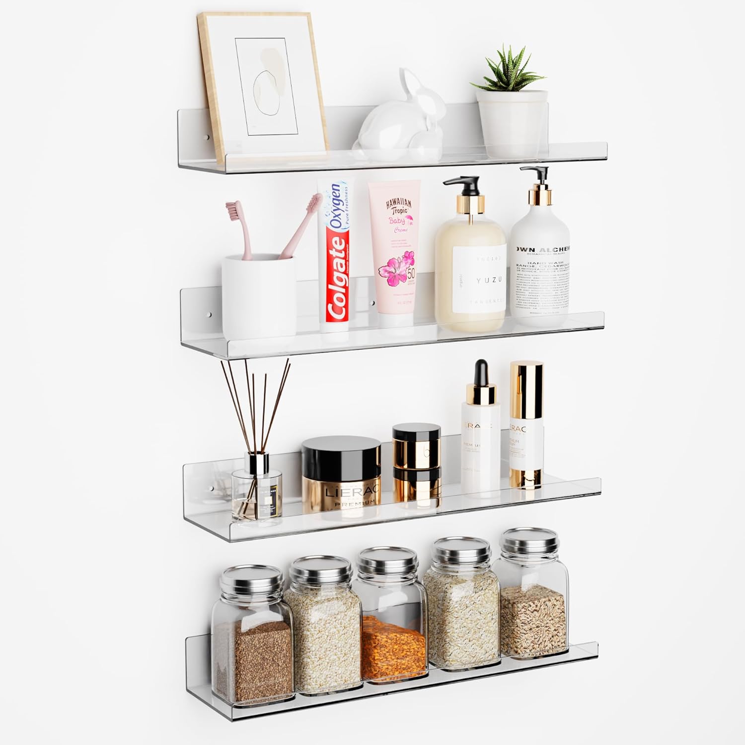 Set of 4, Acrylic Adhesive Shelf for Wall, 15" Clear Bathroom Stroage Shelves, Acrylic Floating Wall Mounted Organizer, Book Shelves for Kids Baby (No Drill)