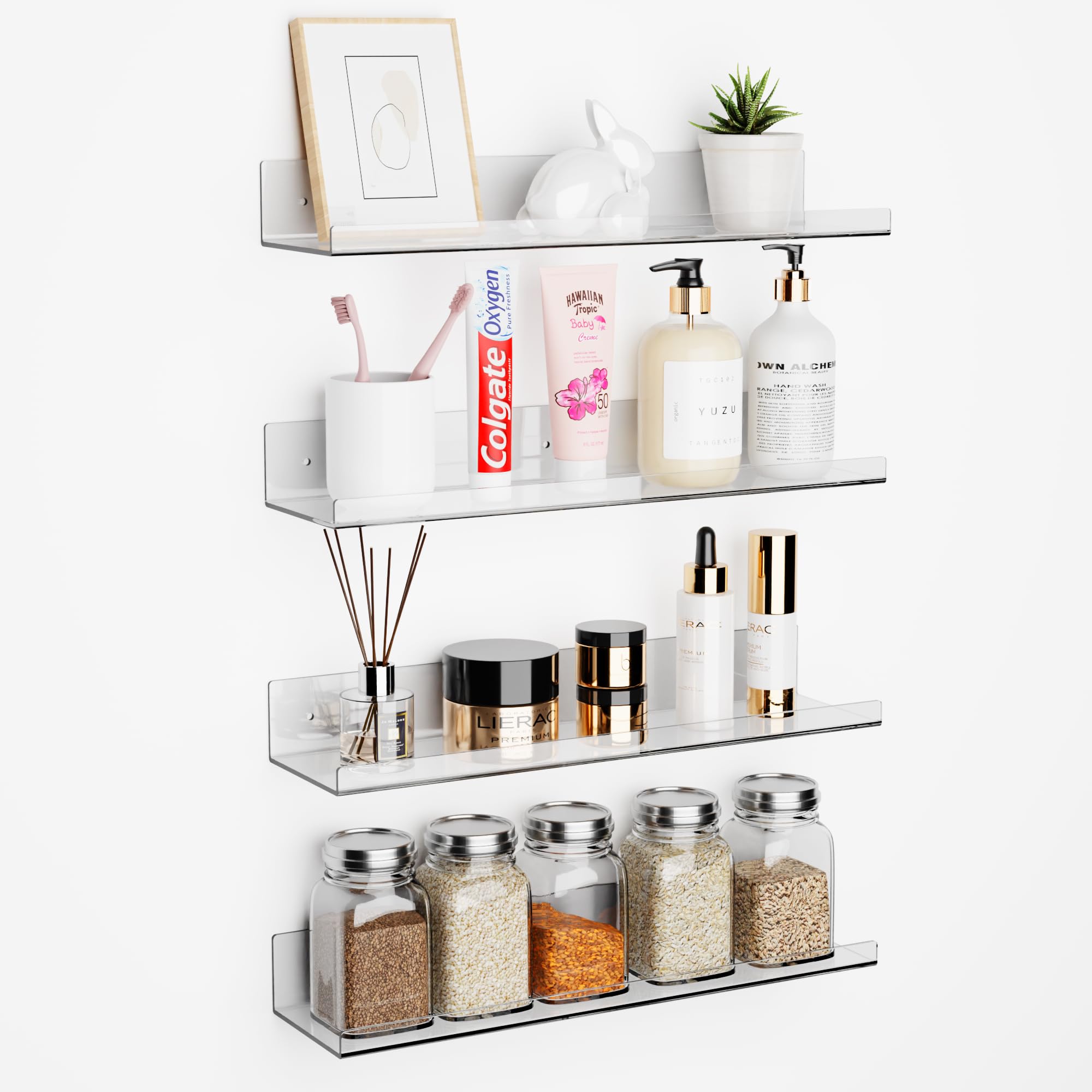 Set of 4, Acrylic Adhesive Shelf for Wall, 15" Clear Bathroom Stroage Shelves, Acrylic Floating Wall Mounted Organizer, Book Shelves for Kids Baby (No Drill)